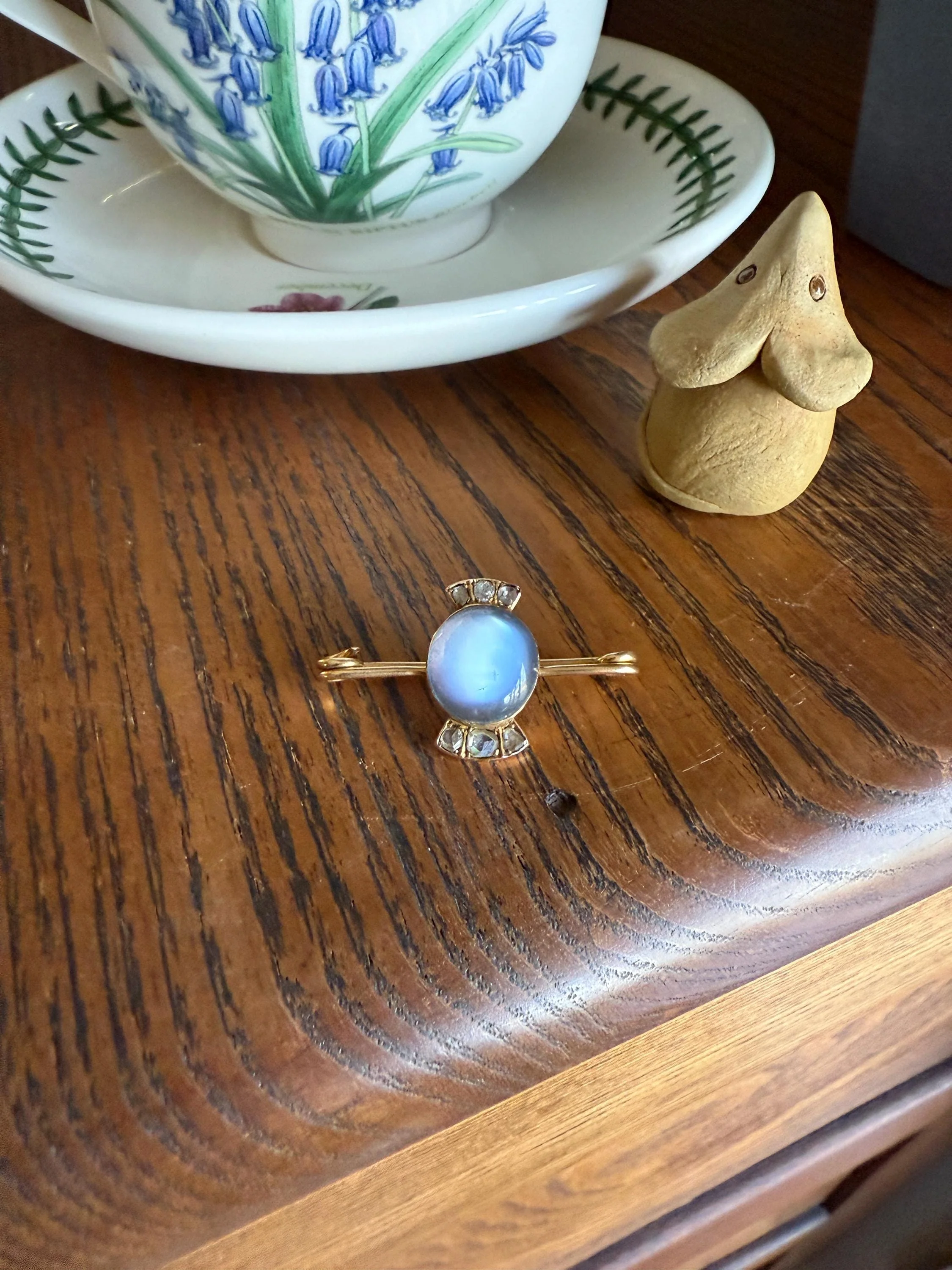 Blue MOONSTONE Victorian Antique Rose Cut DIAMOND Candy Brooch 14k Gold Extender Connector Pendant Safety Pin Charm Holder Glowing Orb - Image 7