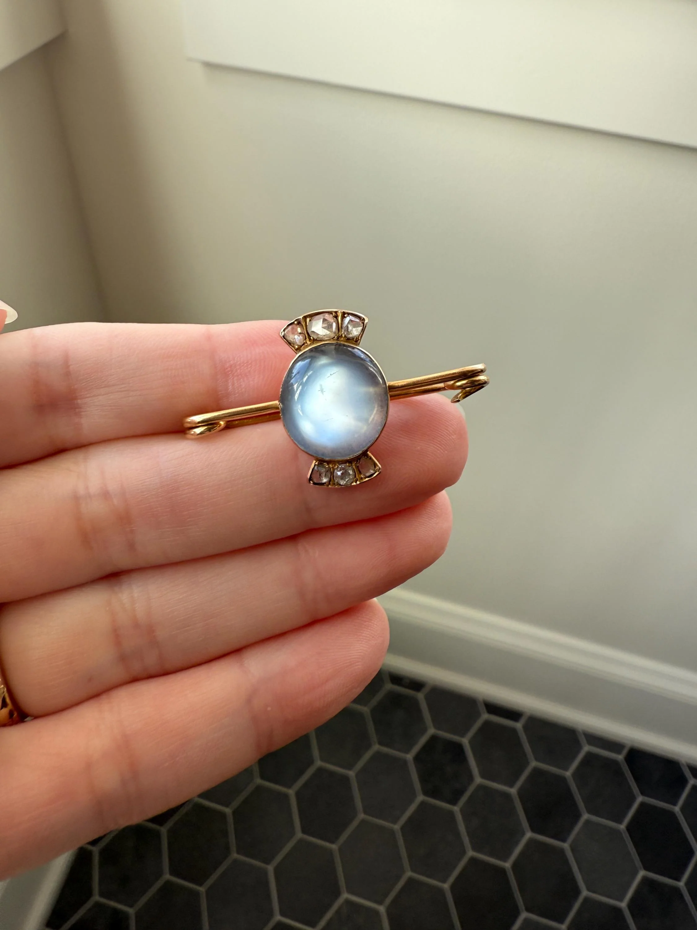 Blue MOONSTONE Victorian Antique Rose Cut DIAMOND Candy Brooch 14k Gold Extender Connector Pendant Safety Pin Charm Holder Glowing Orb - Image 9