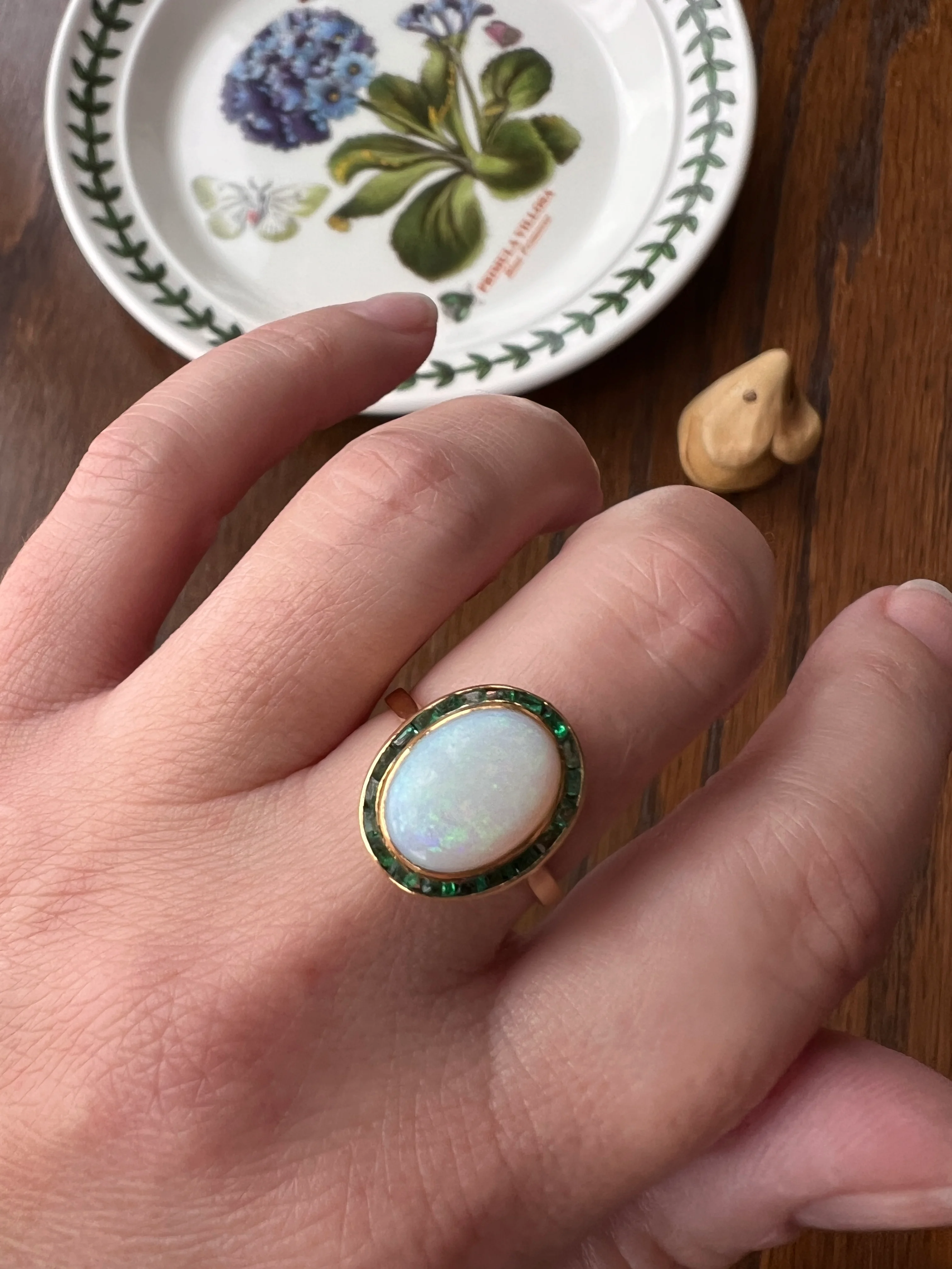 BLUE Opal Carre Cut EMERALD HALO Ring Antique 18k Gold Oval Geometric Bullseye Target Green Victorian - Image 13