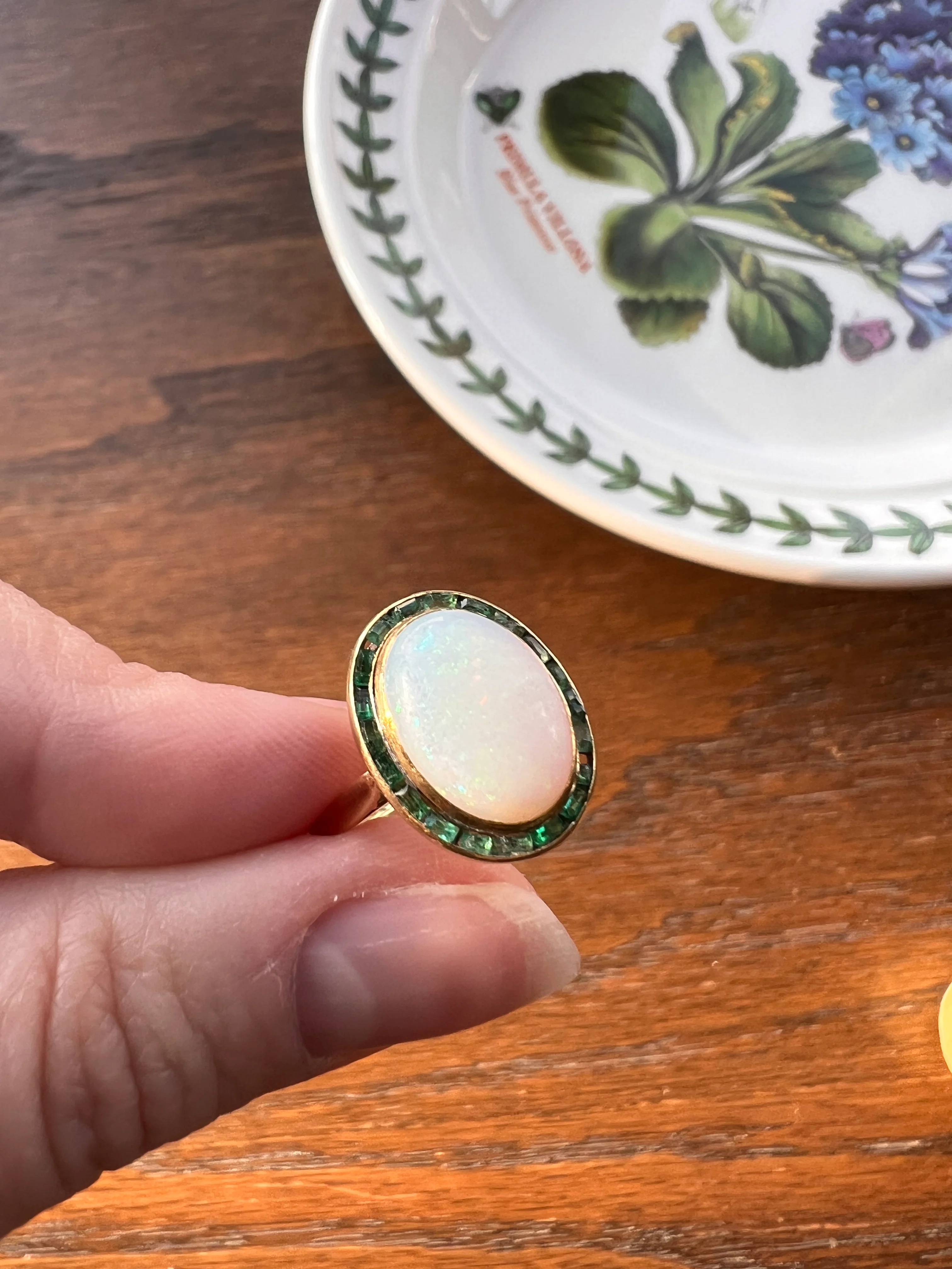 BLUE Opal Carre Cut EMERALD HALO Ring Antique 18k Gold Oval Geometric Bullseye Target Green Victorian - Image 15
