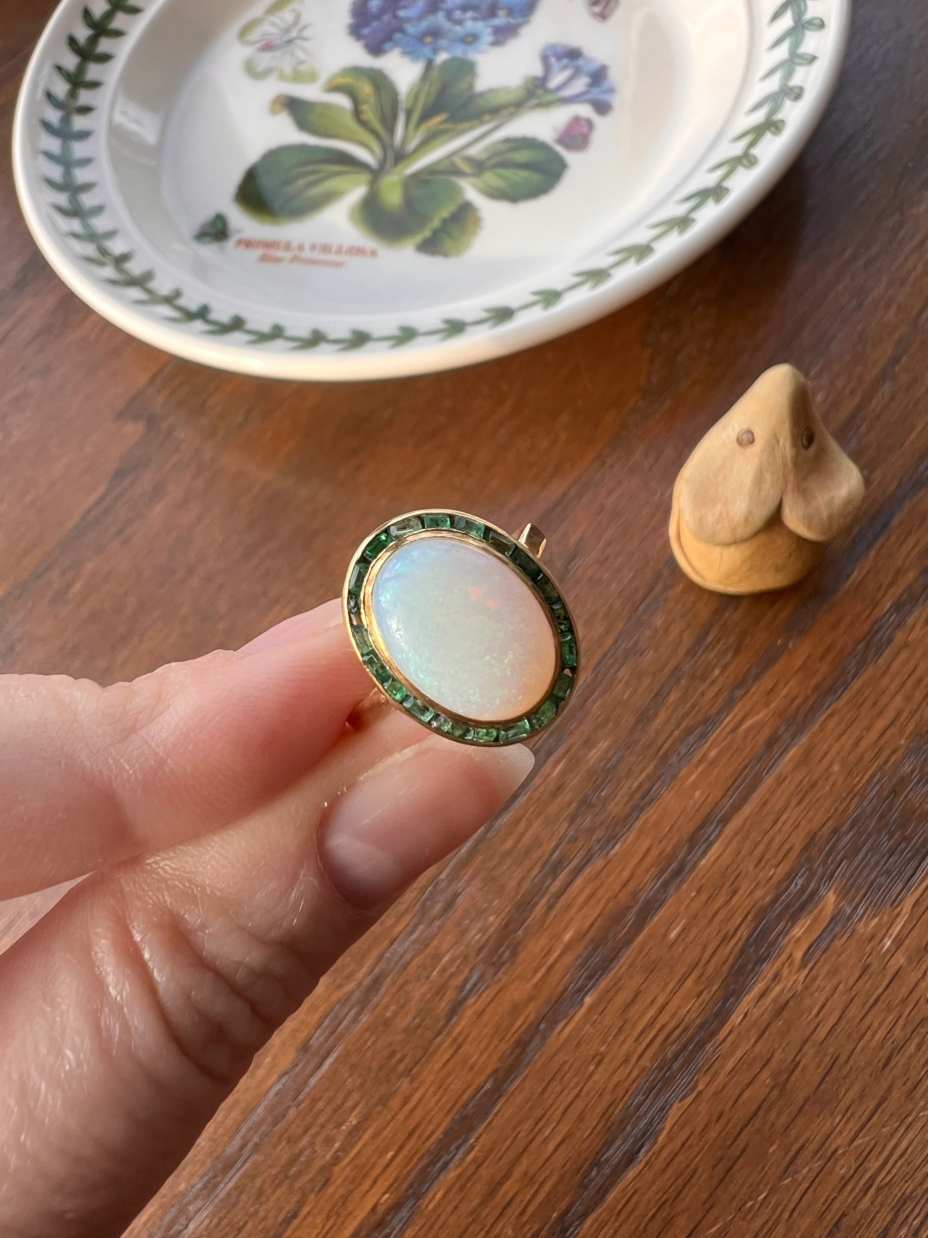 BLUE Opal Carre Cut EMERALD HALO Ring Antique 18k Gold Oval Geometric Bullseye Target Green Victorian - Image 16