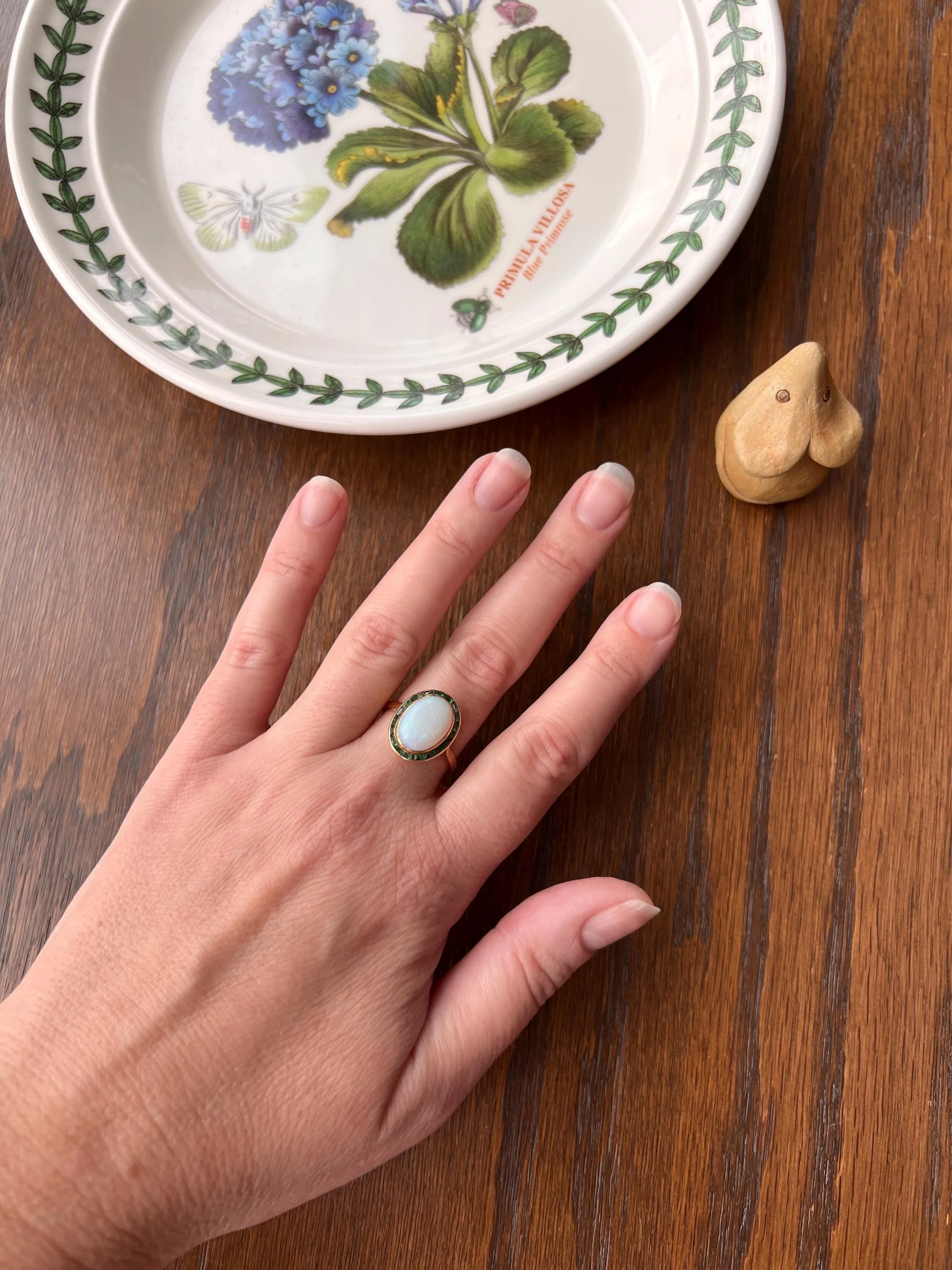 BLUE Opal Carre Cut EMERALD HALO Ring Antique 18k Gold Oval Geometric Bullseye Target Green Victorian - Image 2