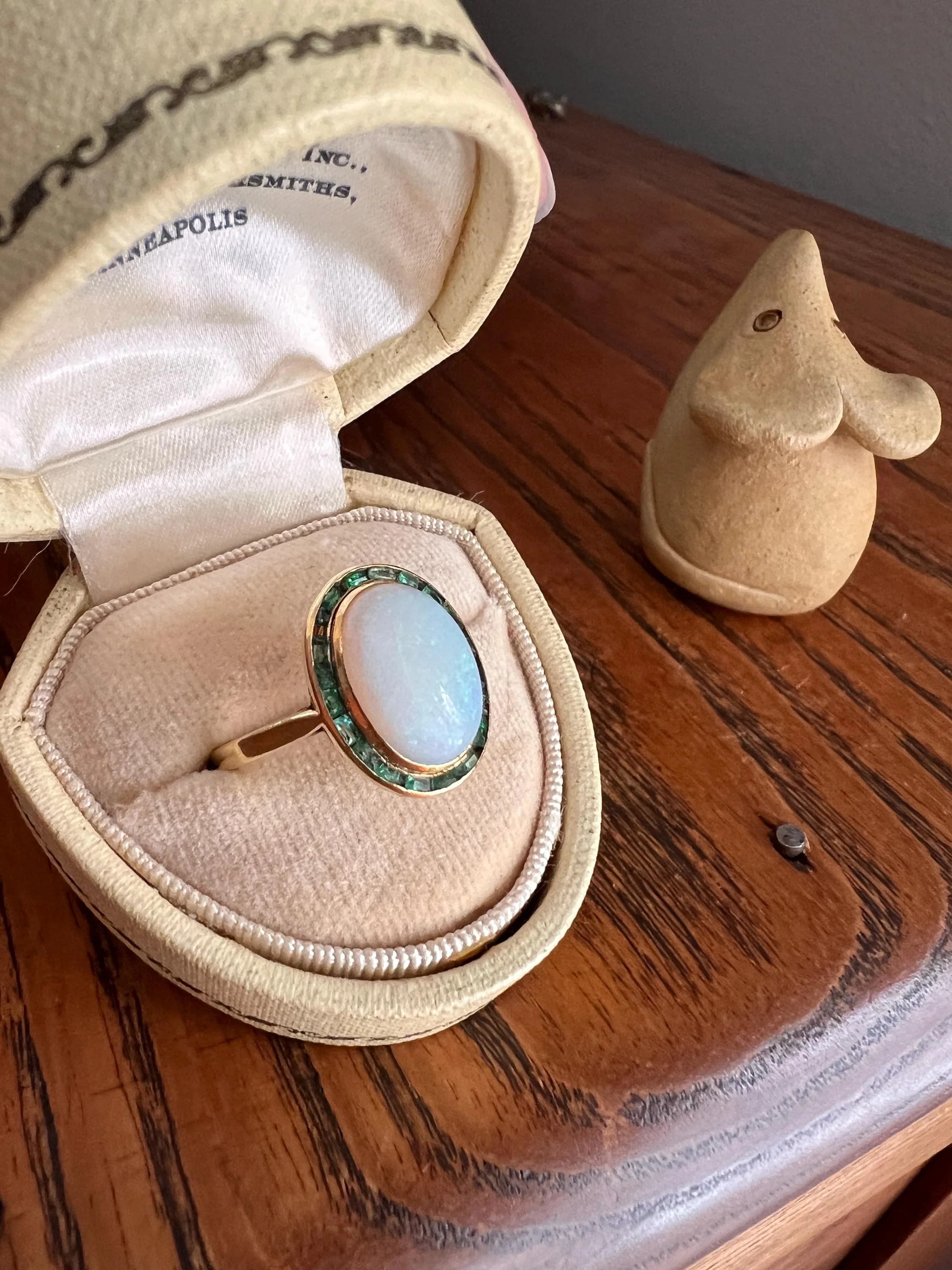 BLUE Opal Carre Cut EMERALD HALO Ring Antique 18k Gold Oval Geometric Bullseye Target Green Victorian - Image 3