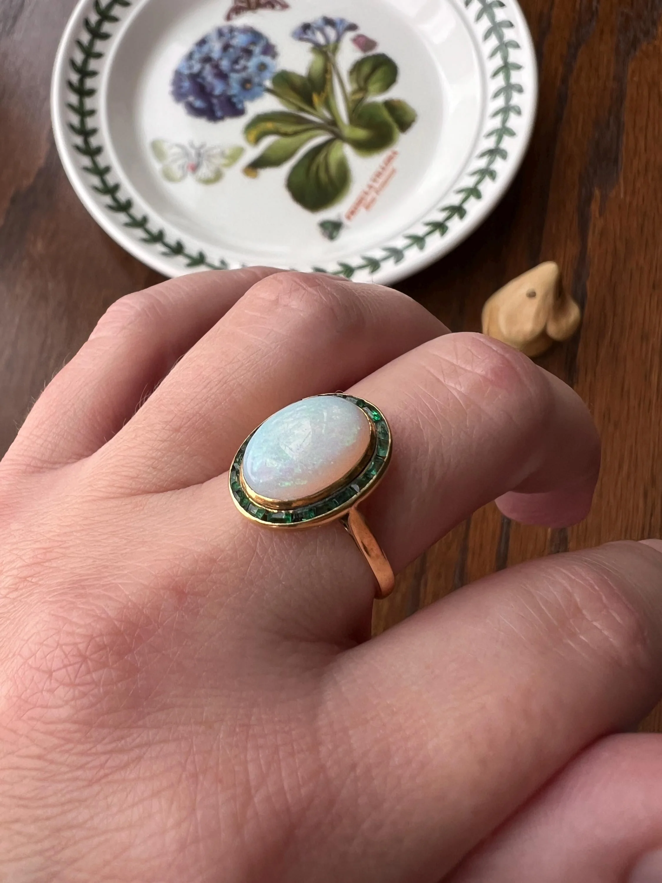 BLUE Opal Carre Cut EMERALD HALO Ring Antique 18k Gold Oval Geometric Bullseye Target Green Victorian - Image 4