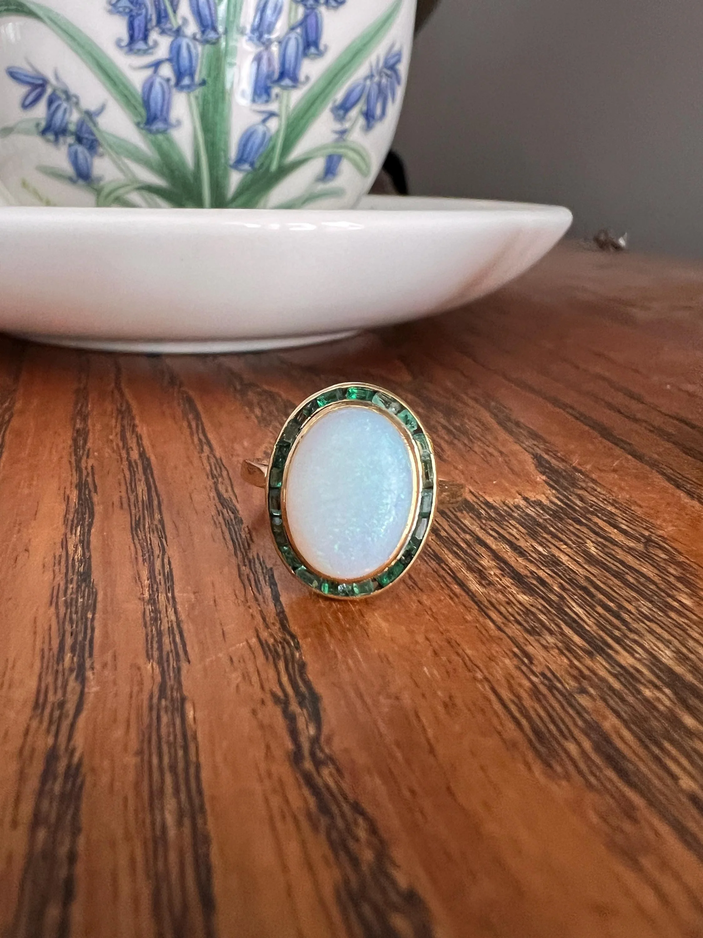 BLUE Opal Carre Cut EMERALD HALO Ring Antique 18k Gold Oval Geometric Bullseye Target Green Victorian - Image 5