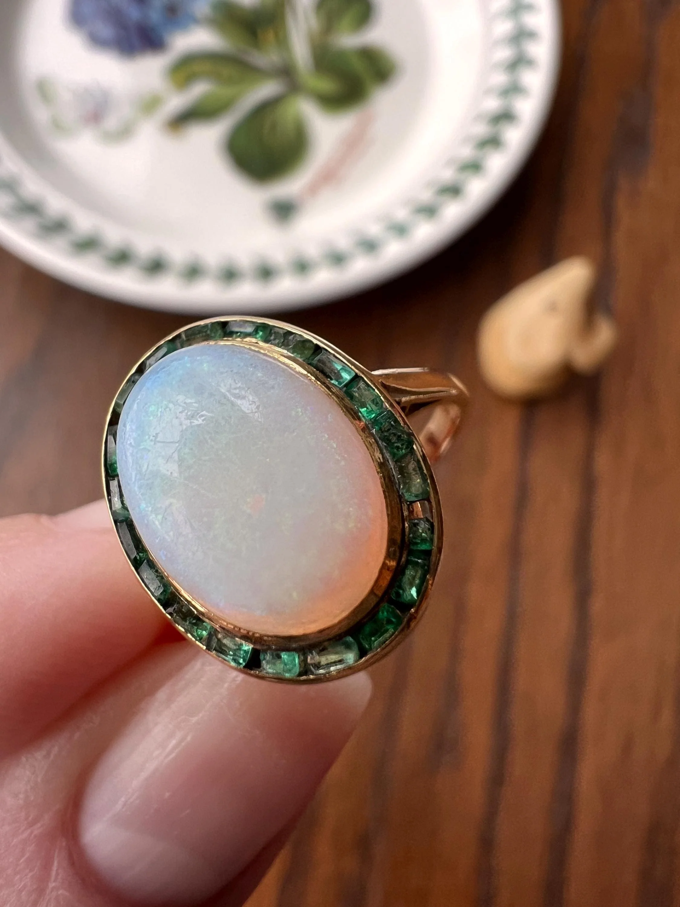 BLUE Opal Carre Cut EMERALD HALO Ring Antique 18k Gold Oval Geometric Bullseye Target Green Victorian - Image 6