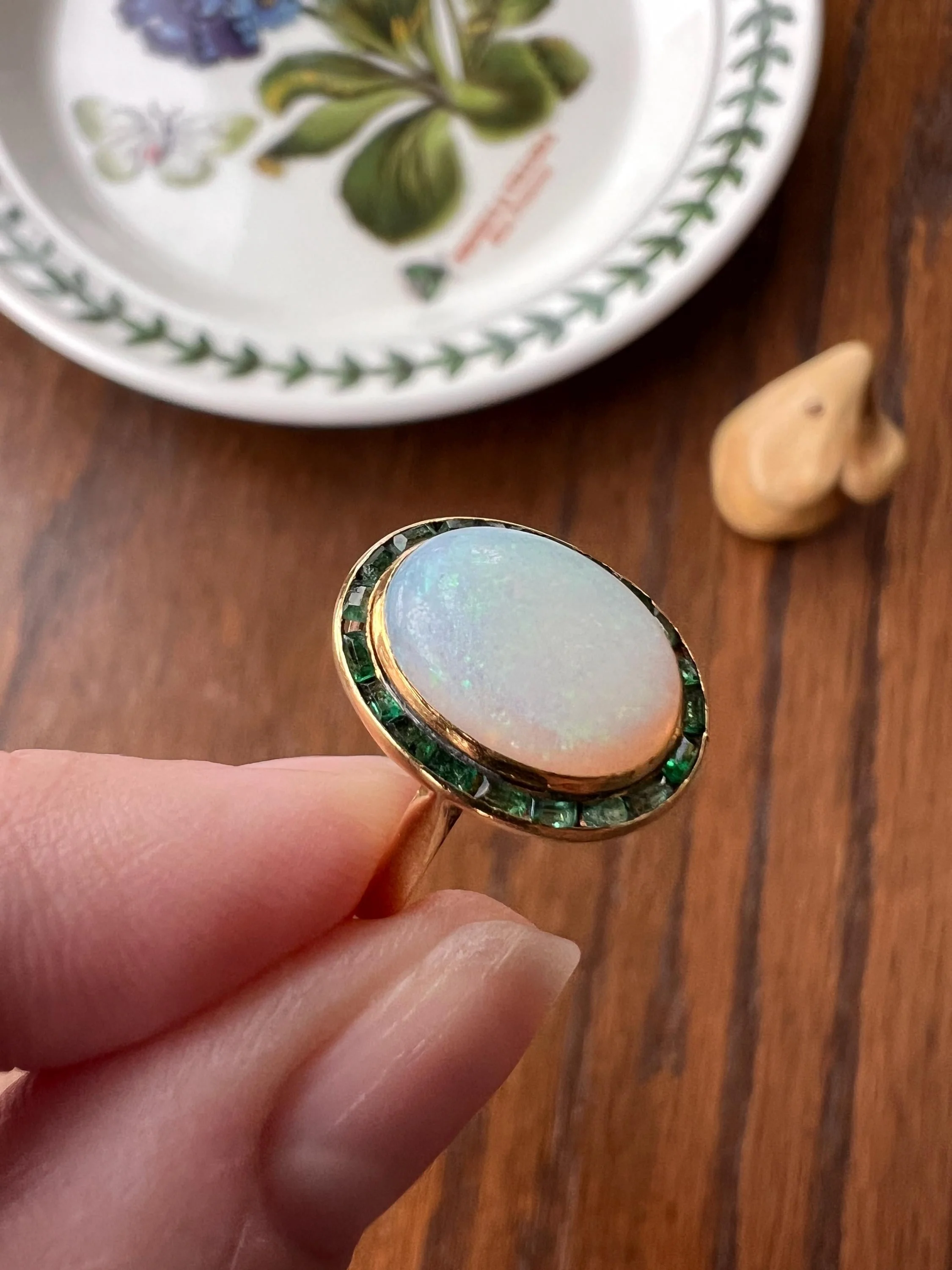 BLUE Opal Carre Cut EMERALD HALO Ring Antique 18k Gold Oval Geometric Bullseye Target Green Victorian - Image 7
