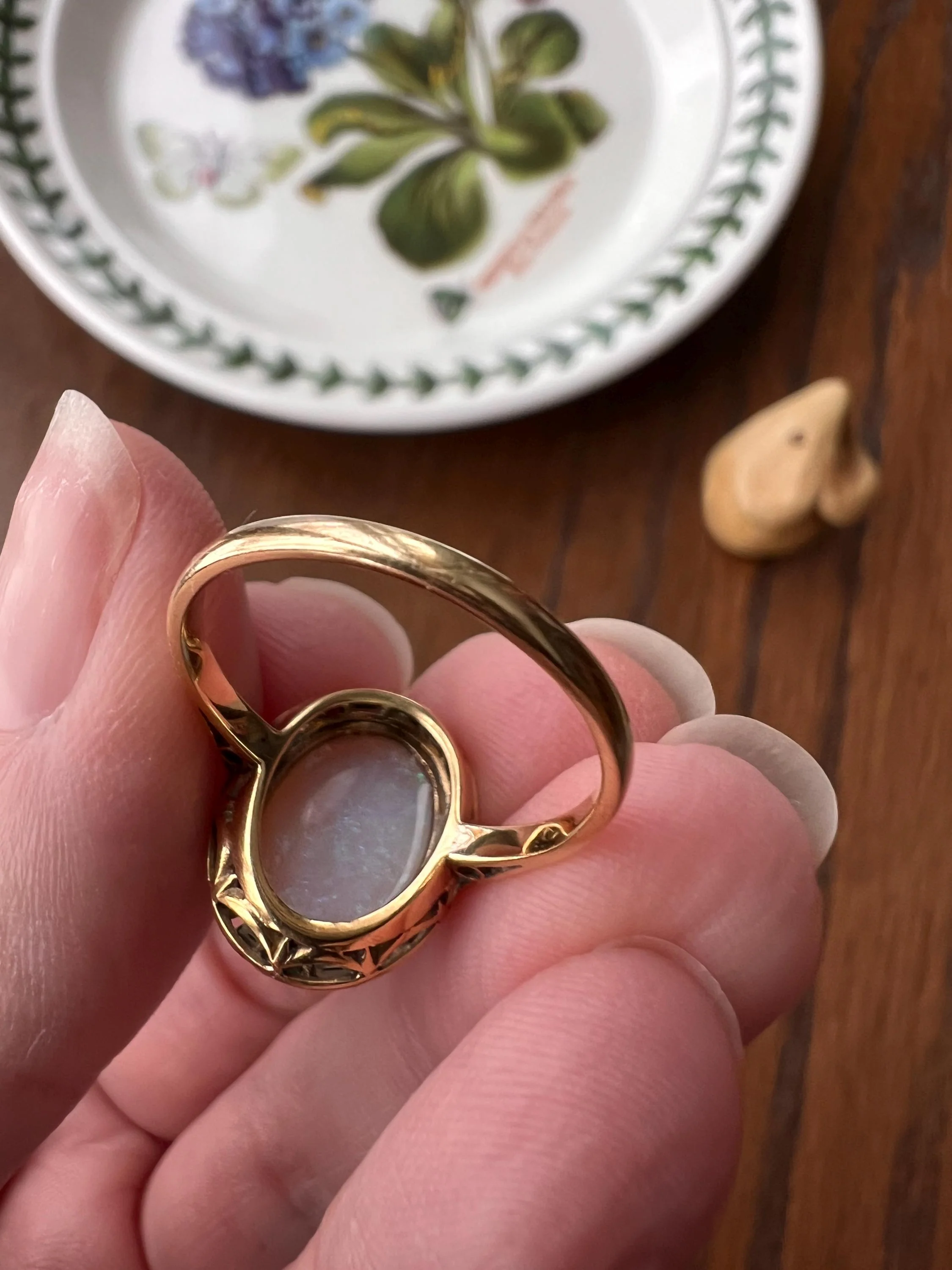 BLUE Opal Carre Cut EMERALD HALO Ring Antique 18k Gold Oval Geometric Bullseye Target Green Victorian - Image 9