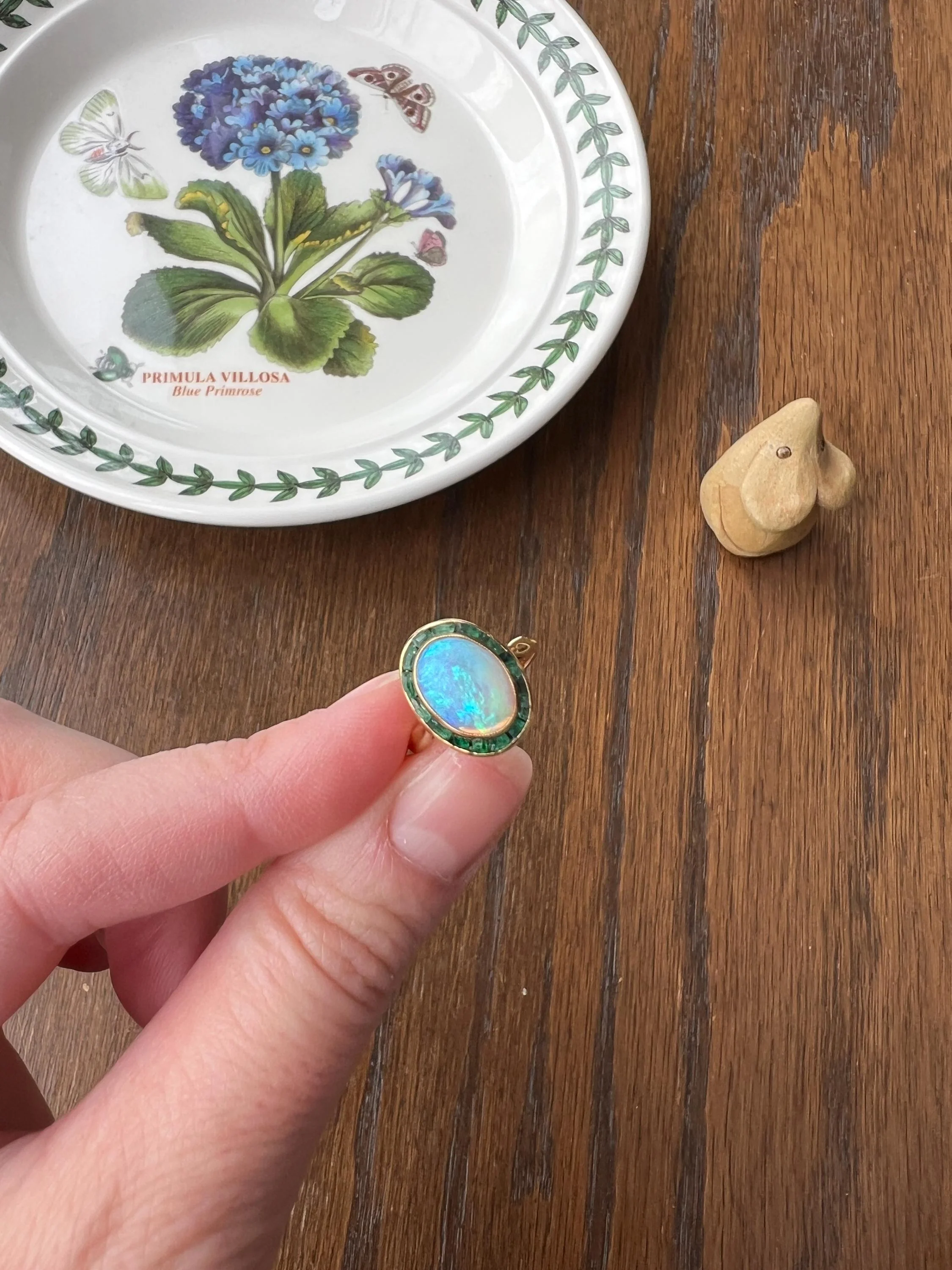 BLUE Opal Carre Cut EMERALD HALO Ring Antique 18k Gold Oval Geometric Bullseye Target Channel Set Green Victorian - Image 10