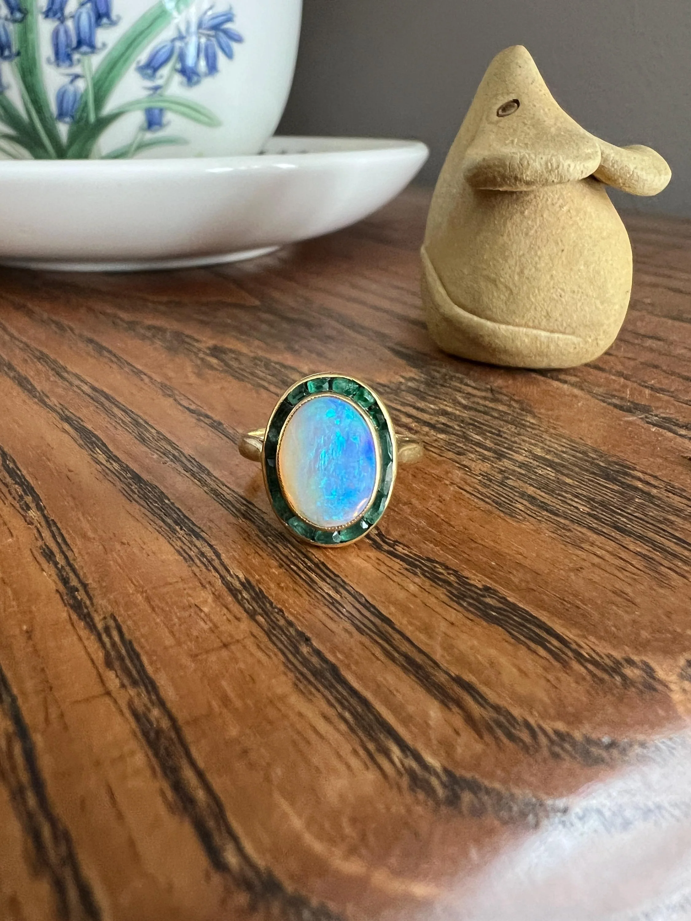BLUE Opal Carre Cut EMERALD HALO Ring Antique 18k Gold Oval Geometric Bullseye Target Channel Set Green Victorian - Image 11