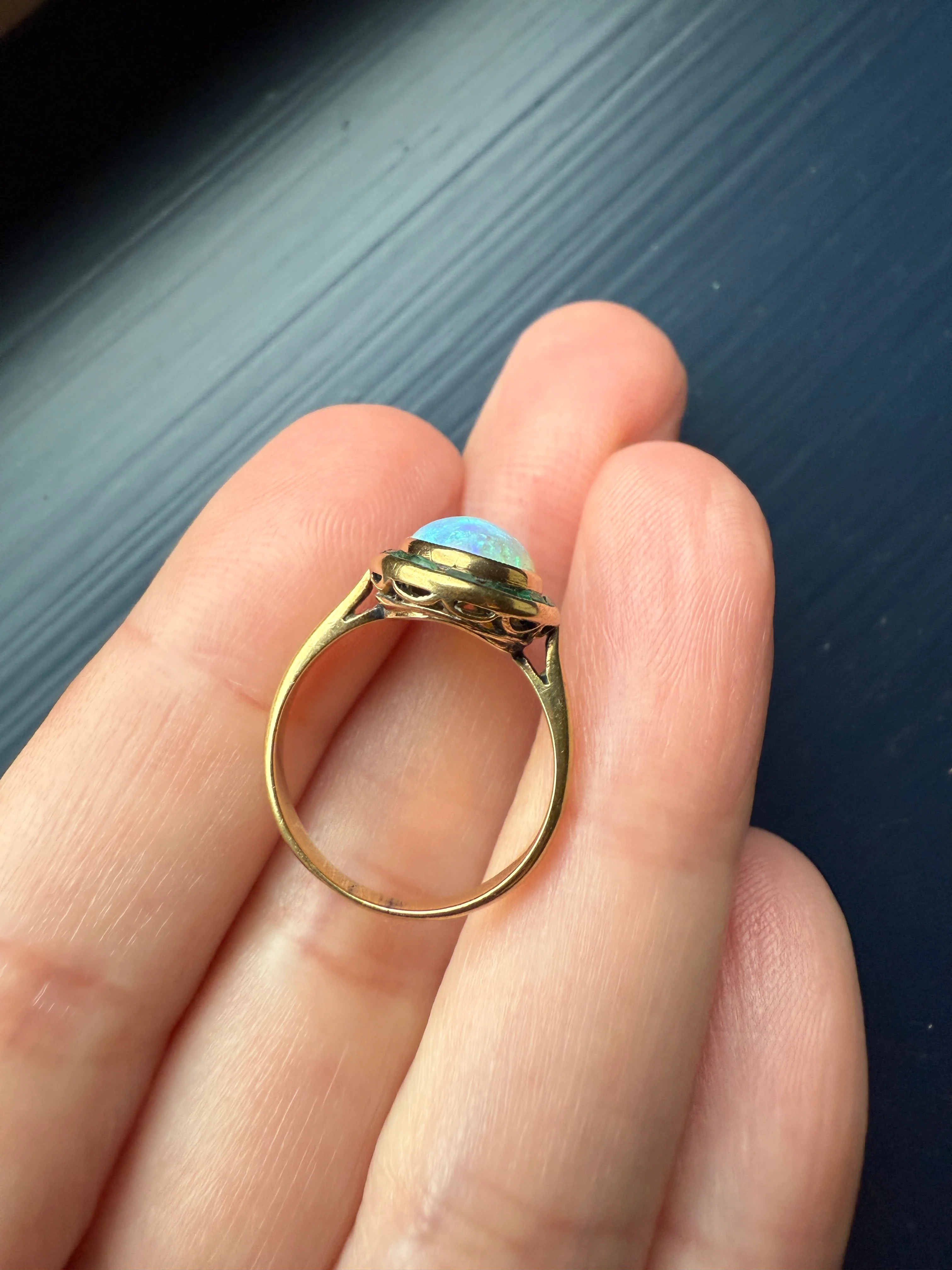 BLUE Opal Carre Cut EMERALD HALO Ring Antique 18k Gold Oval Geometric Bullseye Target Channel Set Green Victorian - Image 12