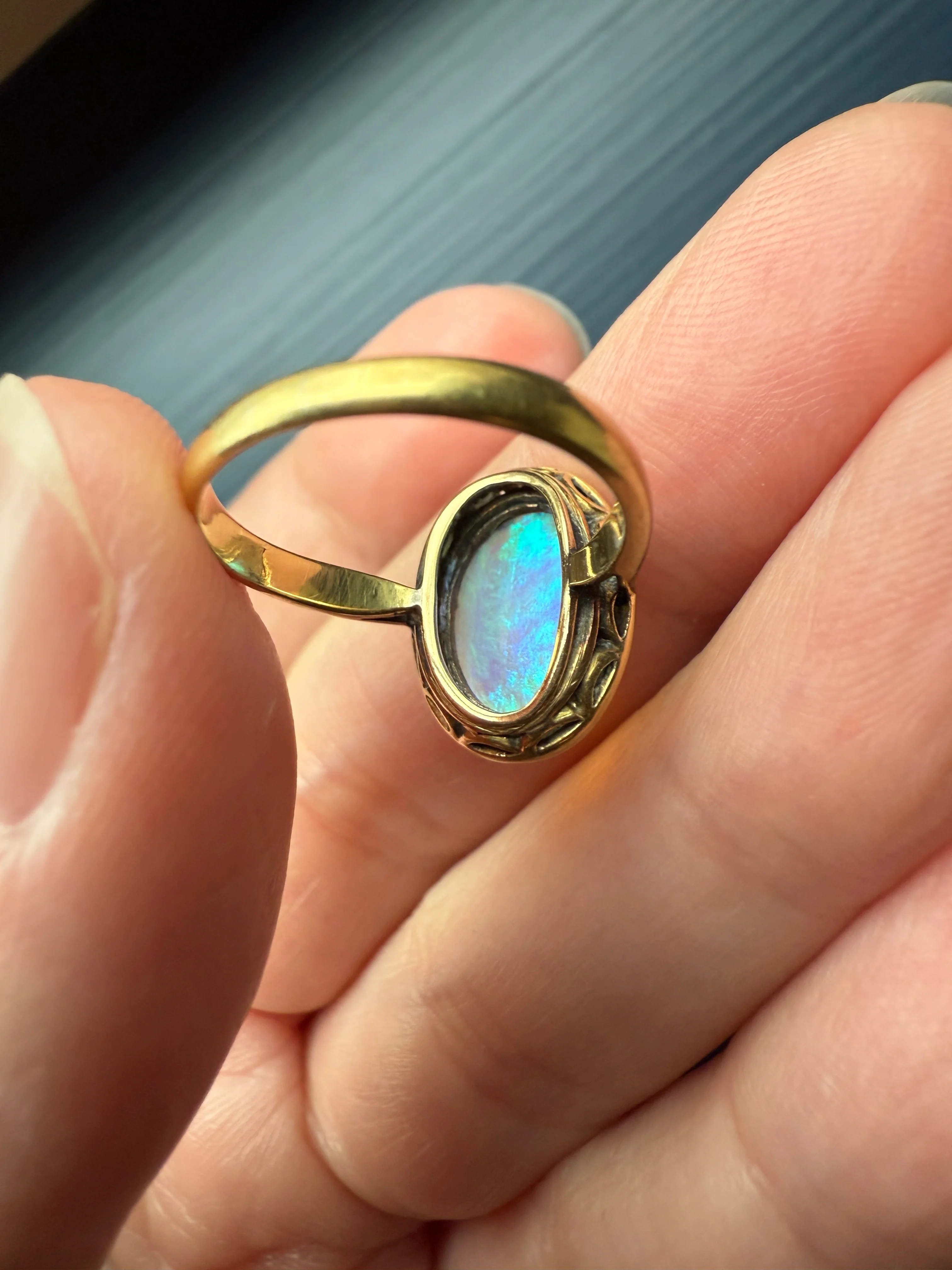 BLUE Opal Carre Cut EMERALD HALO Ring Antique 18k Gold Oval Geometric Bullseye Target Channel Set Green Victorian - Image 13