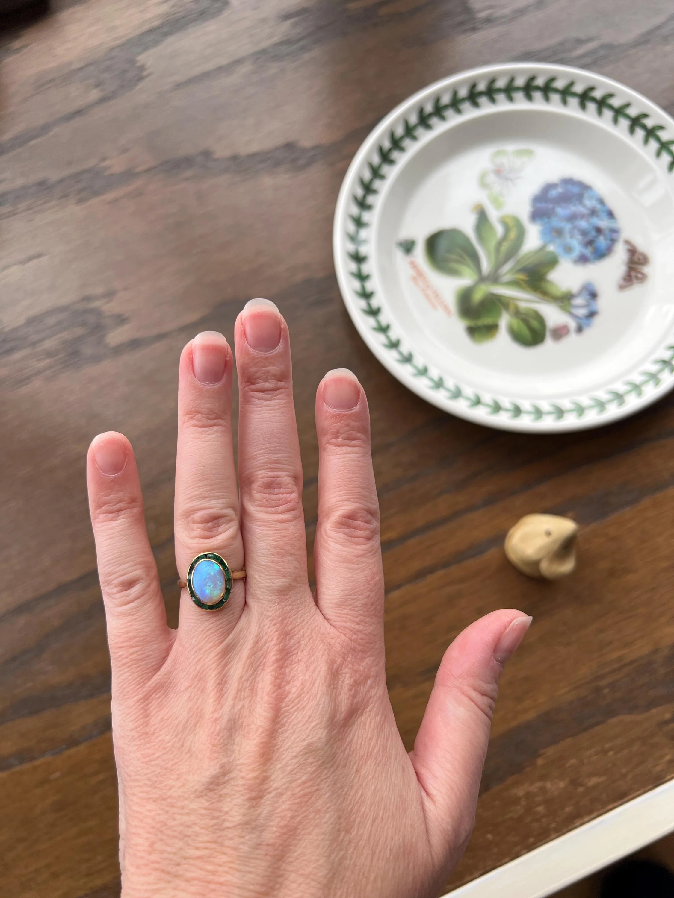 BLUE Opal Carre Cut EMERALD HALO Ring Antique 18k Gold Oval Geometric Bullseye Target Channel Set Green Victorian - Image 2