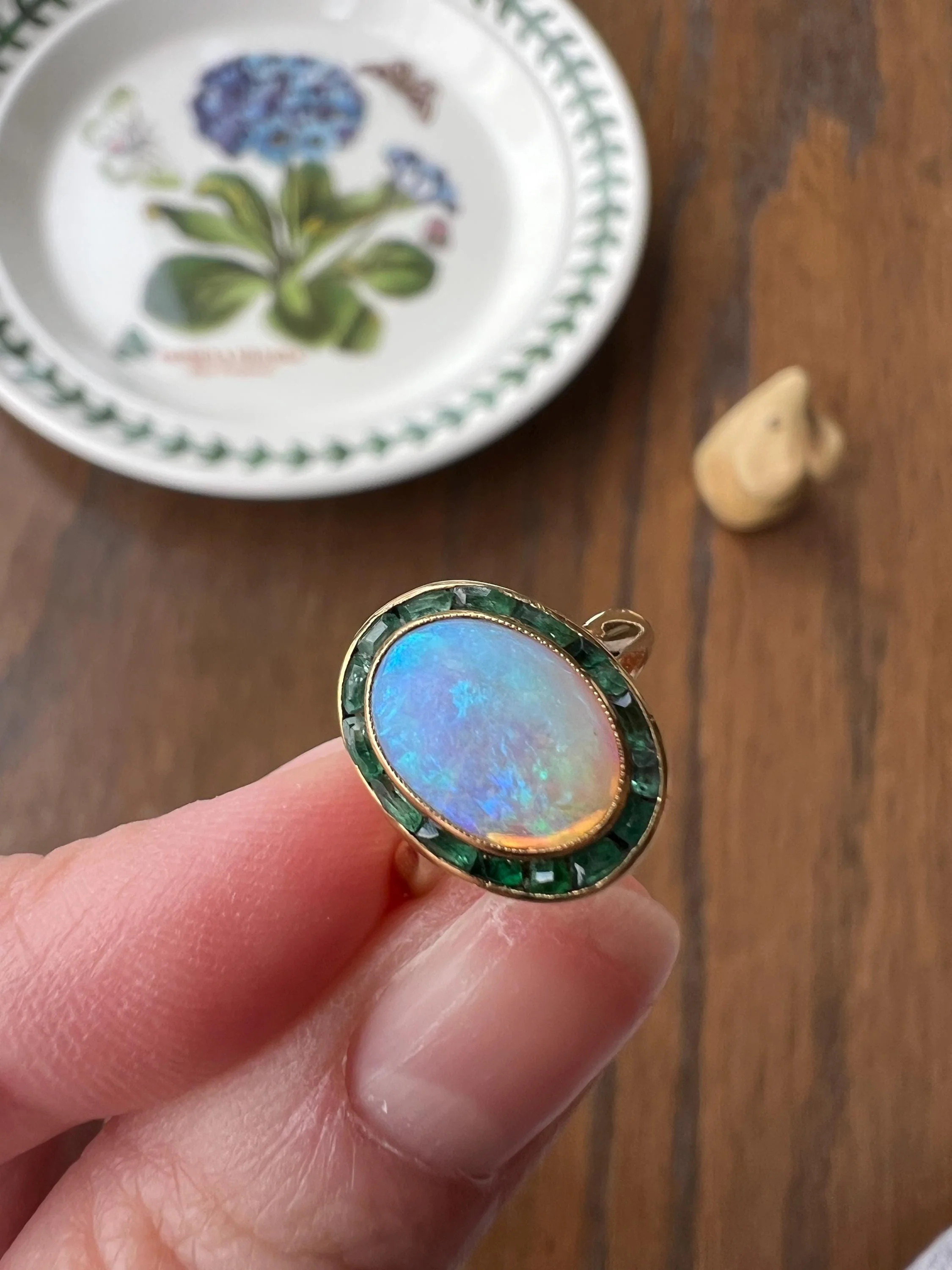 BLUE Opal Carre Cut EMERALD HALO Ring Antique 18k Gold Oval Geometric Bullseye Target Channel Set Green Victorian - Image 3