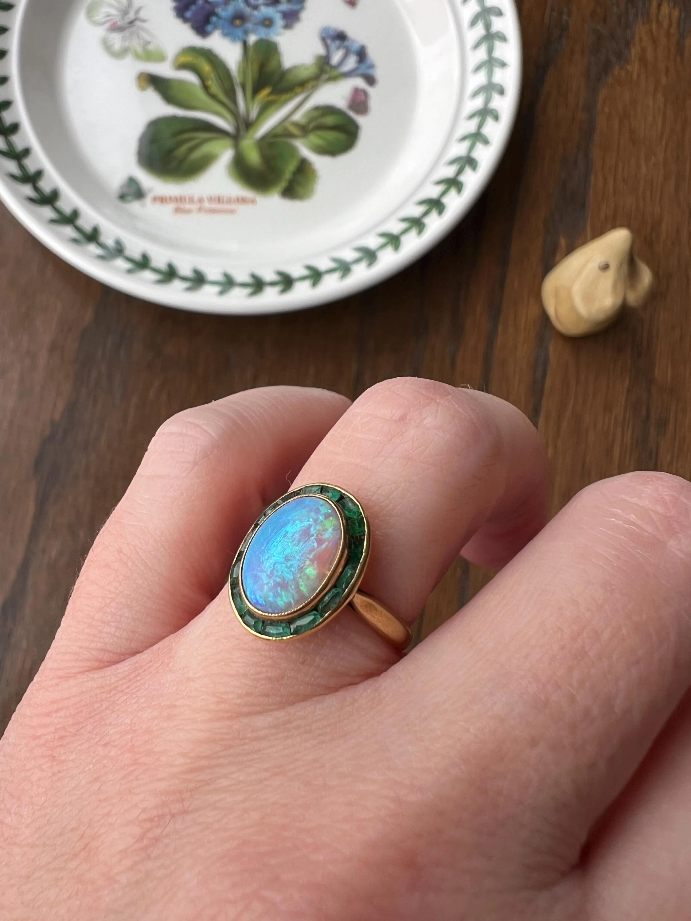 BLUE Opal Carre Cut EMERALD HALO Ring Antique 18k Gold Oval Geometric Bullseye Target Channel Set Green Victorian - Image 4