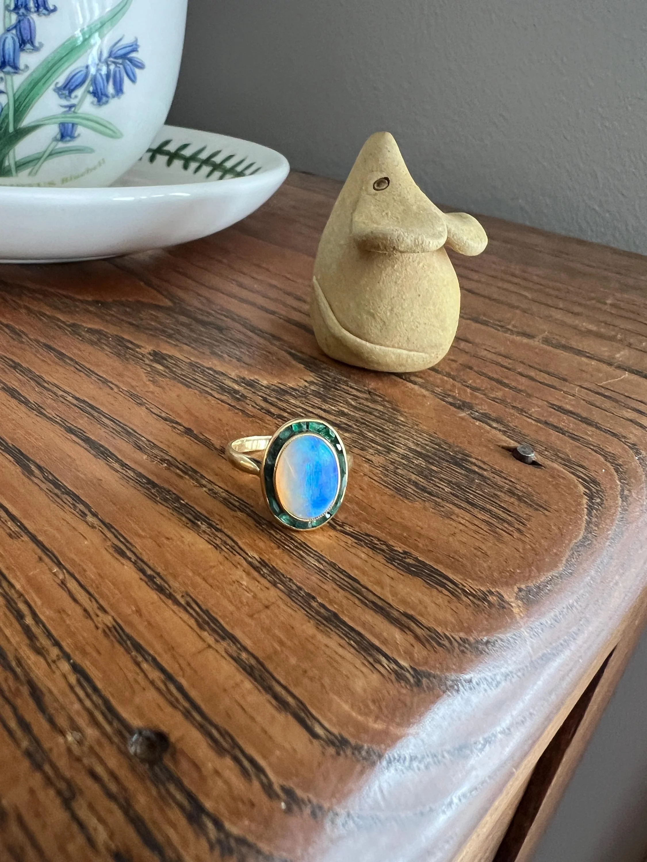 BLUE Opal Carre Cut EMERALD HALO Ring Antique 18k Gold Oval Geometric Bullseye Target Channel Set Green Victorian - Image 5