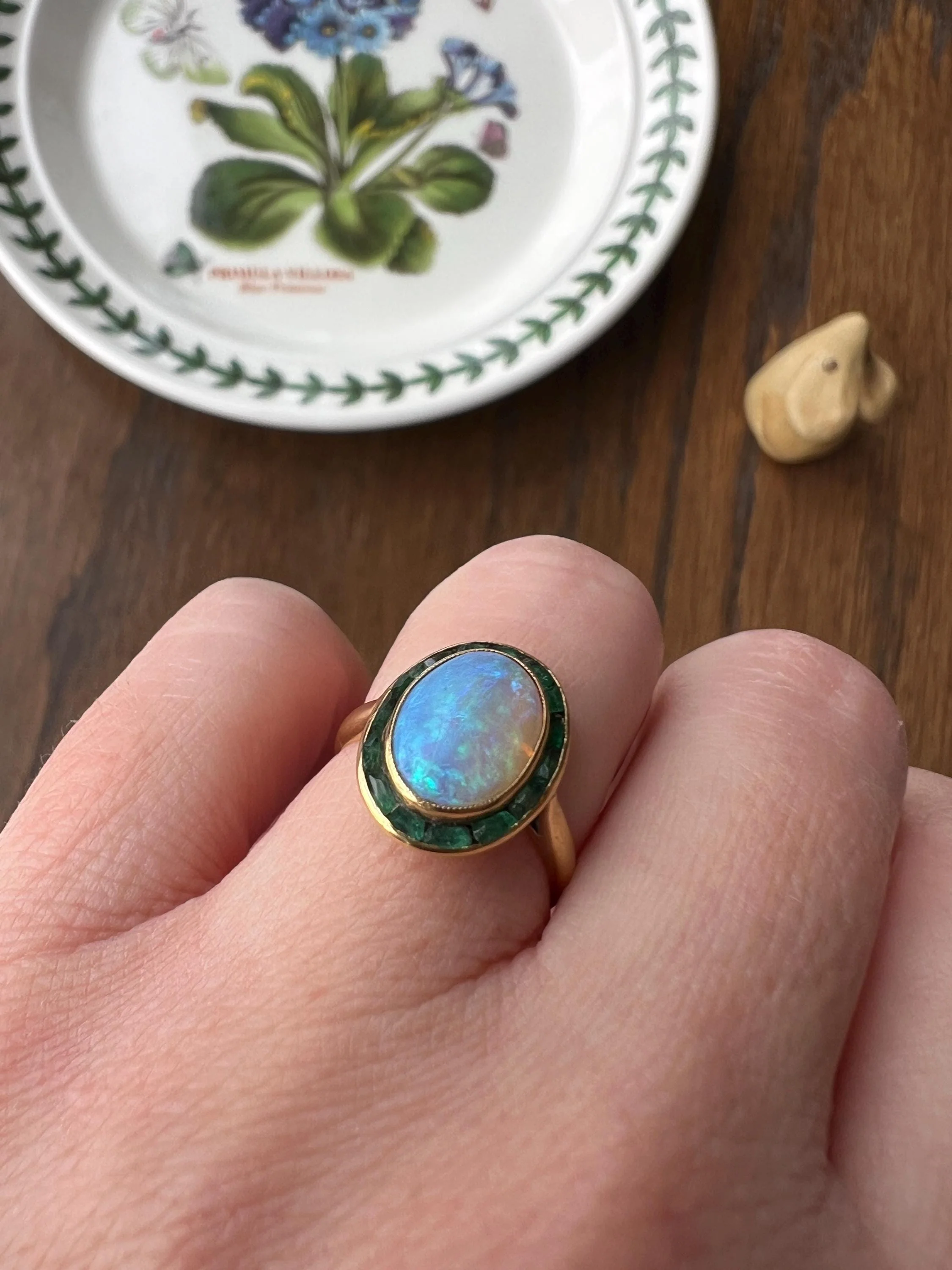 BLUE Opal Carre Cut EMERALD HALO Ring Antique 18k Gold Oval Geometric Bullseye Target Channel Set Green Victorian - Image 6