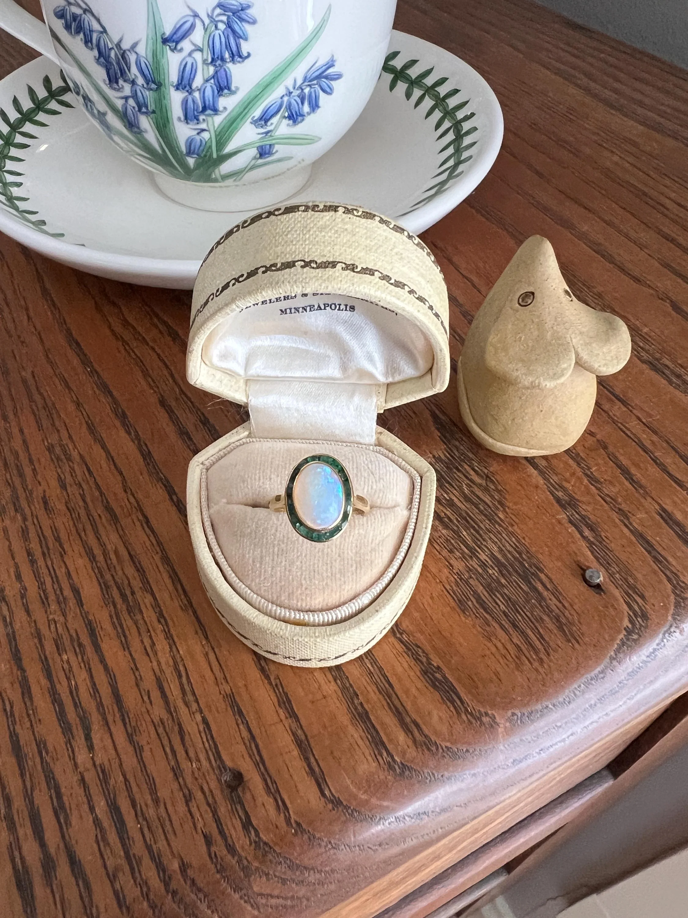 BLUE Opal Carre Cut EMERALD HALO Ring Antique 18k Gold Oval Geometric Bullseye Target Channel Set Green Victorian - Image 7