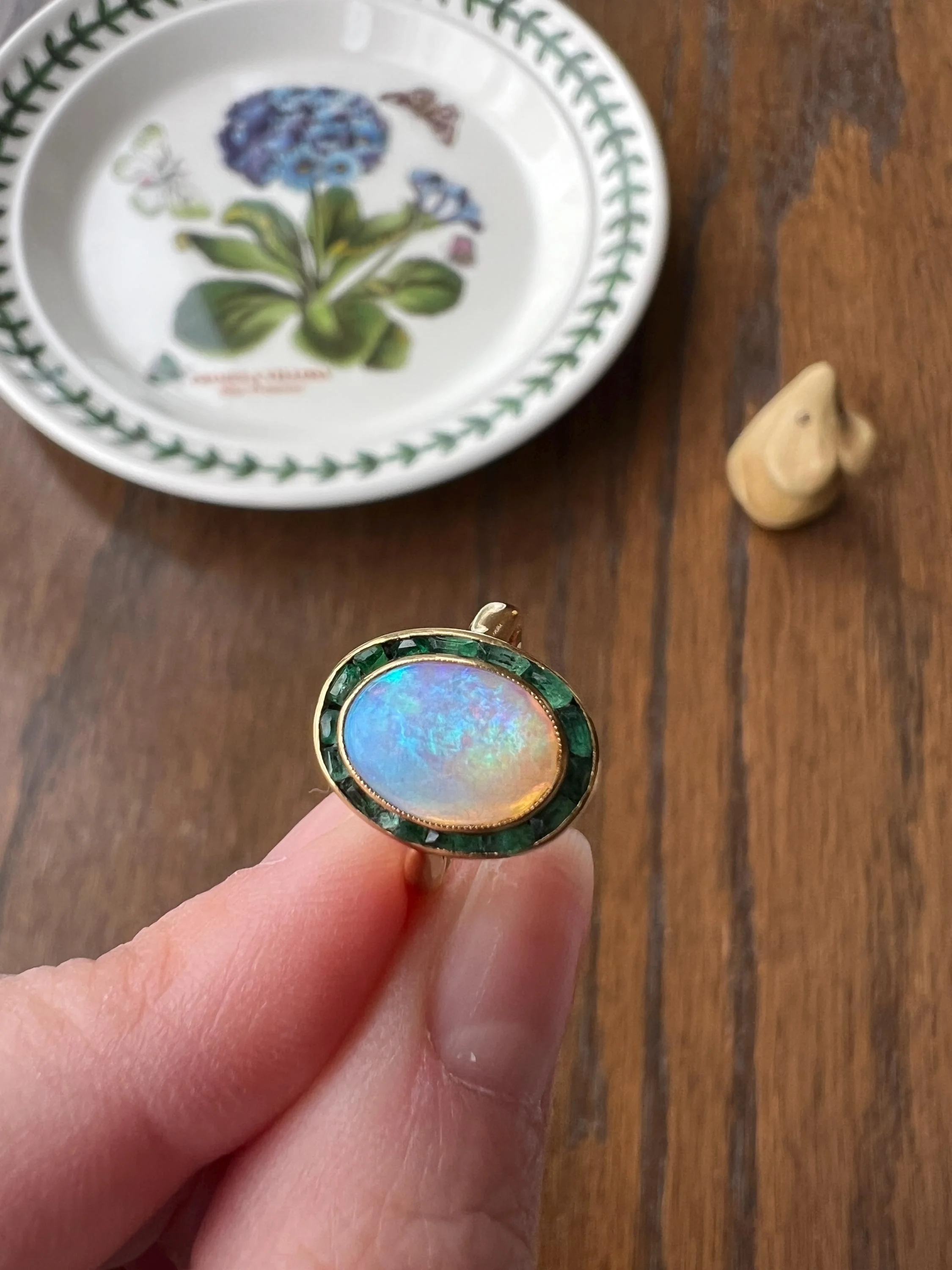 BLUE Opal Carre Cut EMERALD HALO Ring Antique 18k Gold Oval Geometric Bullseye Target Channel Set Green Victorian - Image 8