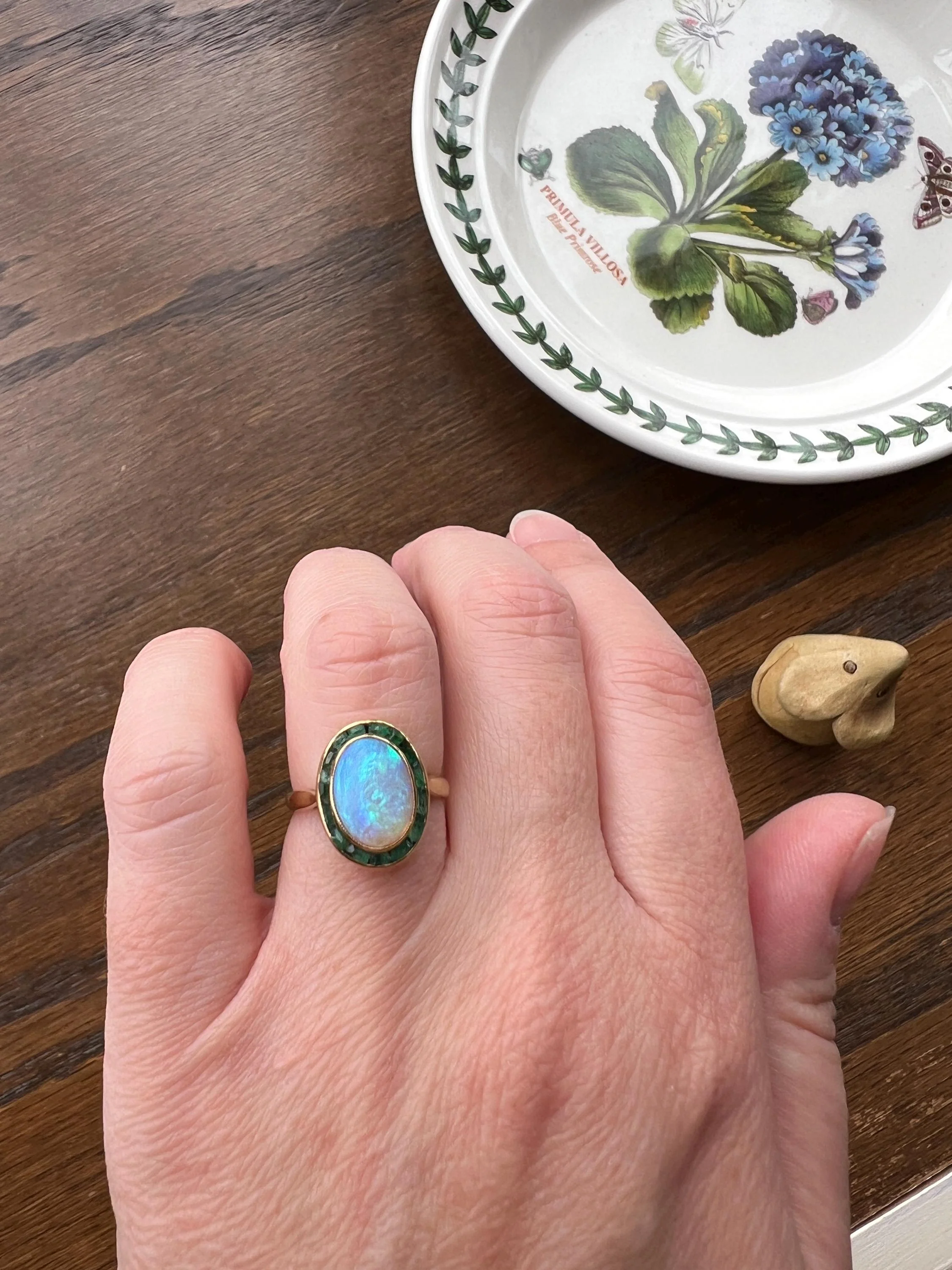 BLUE Opal Carre Cut EMERALD HALO Ring Antique 18k Gold Oval Geometric Bullseye Target Channel Set Green Victorian - Image 9