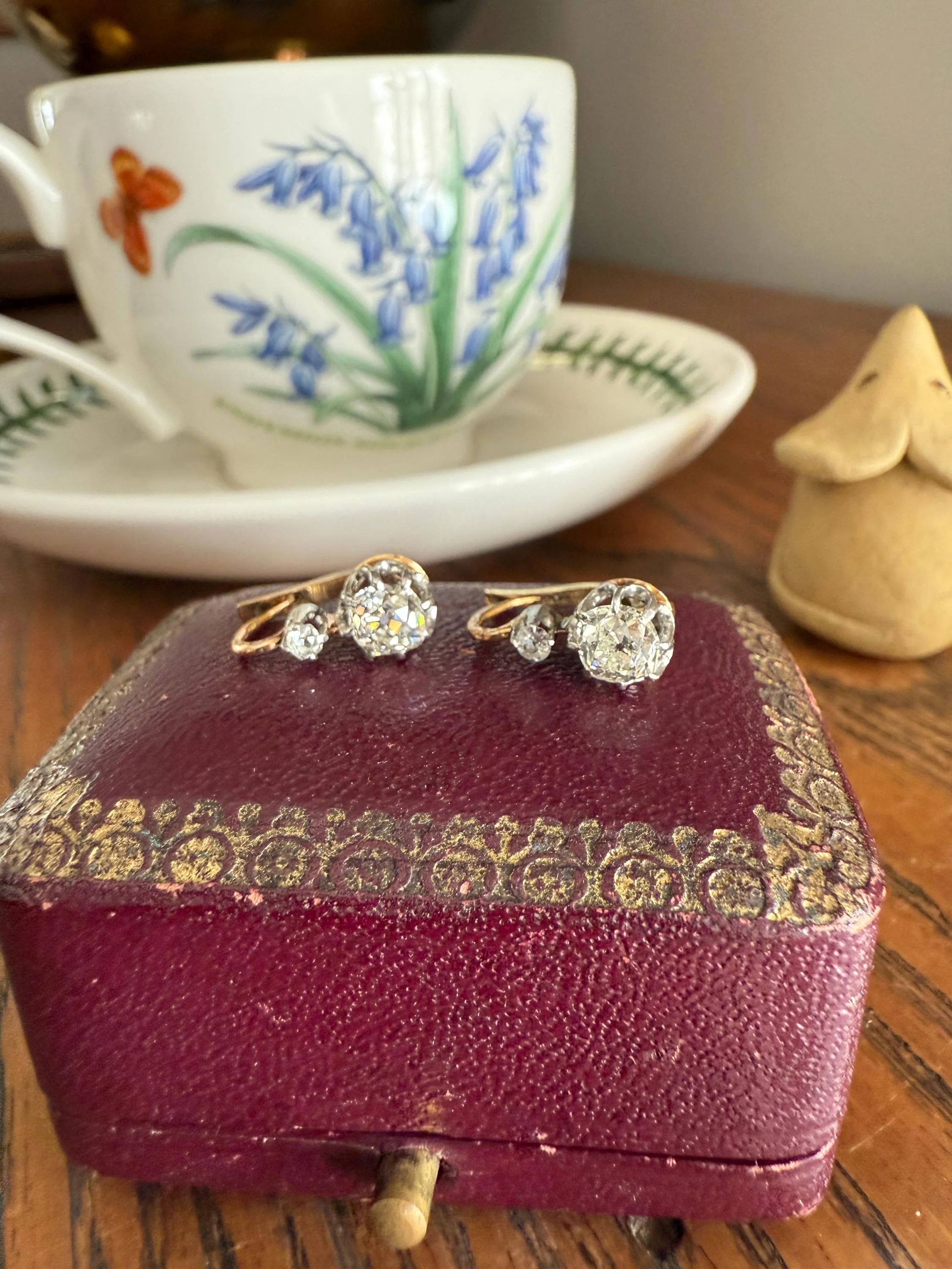 BOXED Antique 1.5 Carat Tdw Old Mine Cut Diamond Earrings 18k Gold French Victorian Dangle Dormeuse Gift Belle Epoque Bridal Something Old - Image 2