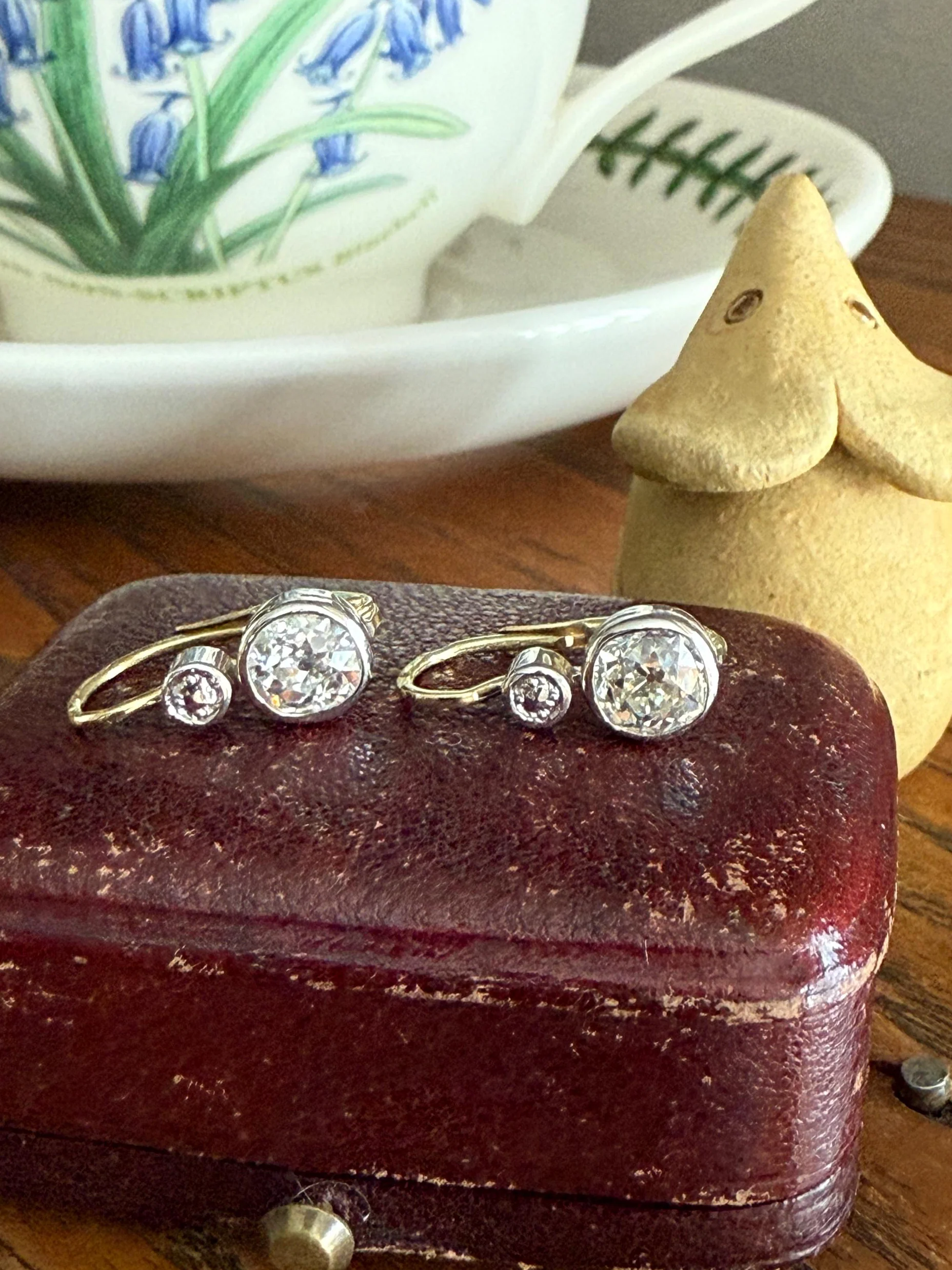 Boxed Antique 1.6 Carat Old Mine Cut DIAMOND Dormeuse Earrings Bezel Set 14k Gold Dangle Bullseye Illusion Setting
