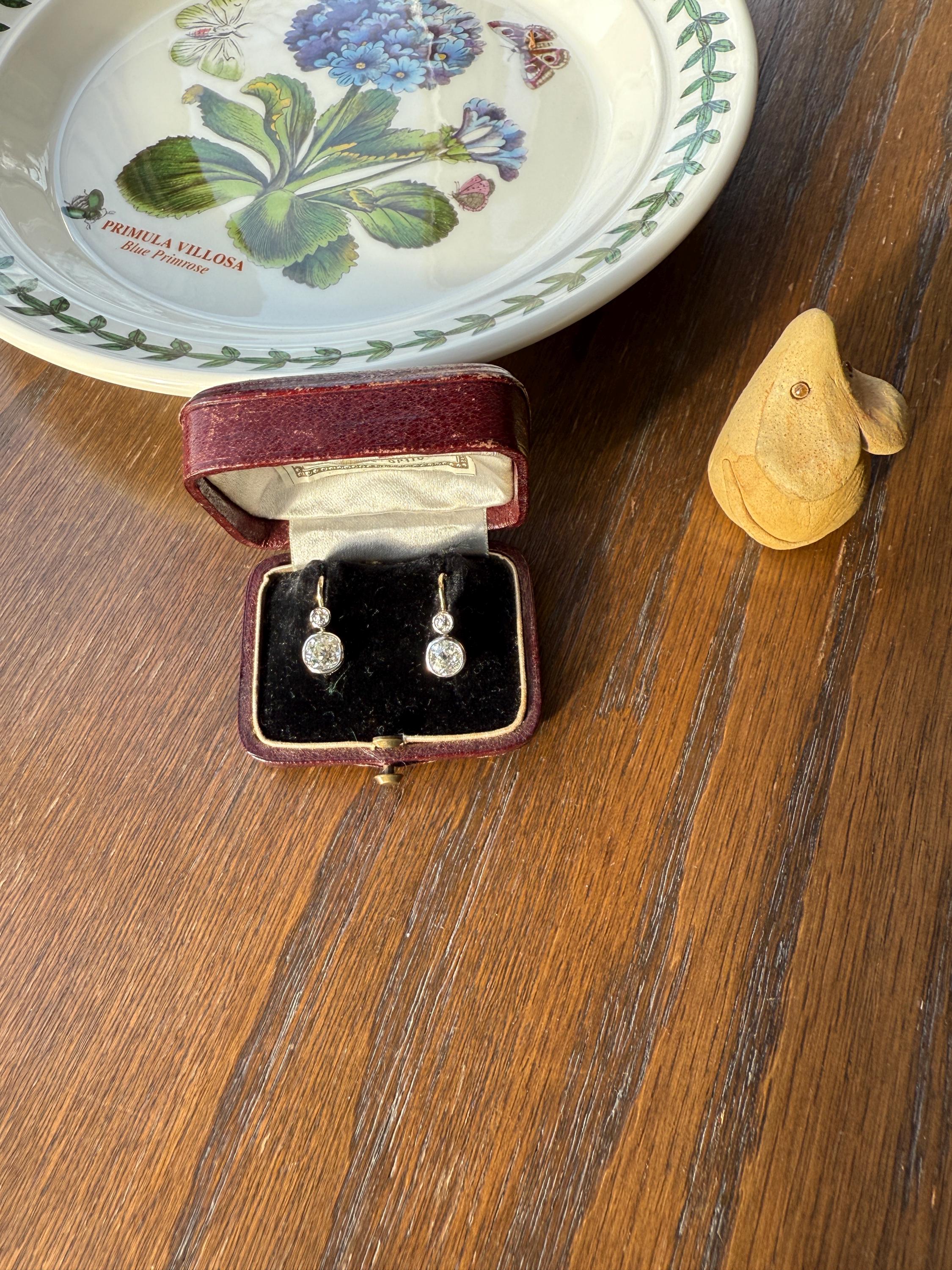 Boxed Antique 1.6 Carat Old Mine Cut DIAMOND Dormeuse Earrings Bezel Set 14k Gold Dangle Bullseye Illusion Setting - Image 15