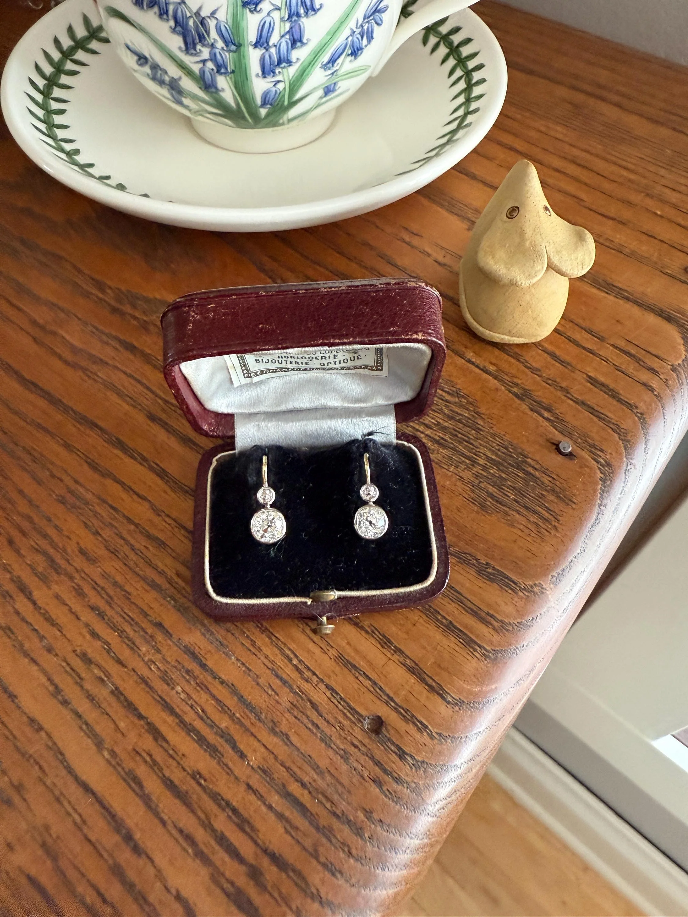 Boxed Antique 1.6 Carat Old Mine Cut DIAMOND Dormeuse Earrings Bezel Set 14k Gold Dangle Bullseye Illusion Setting - Image 18