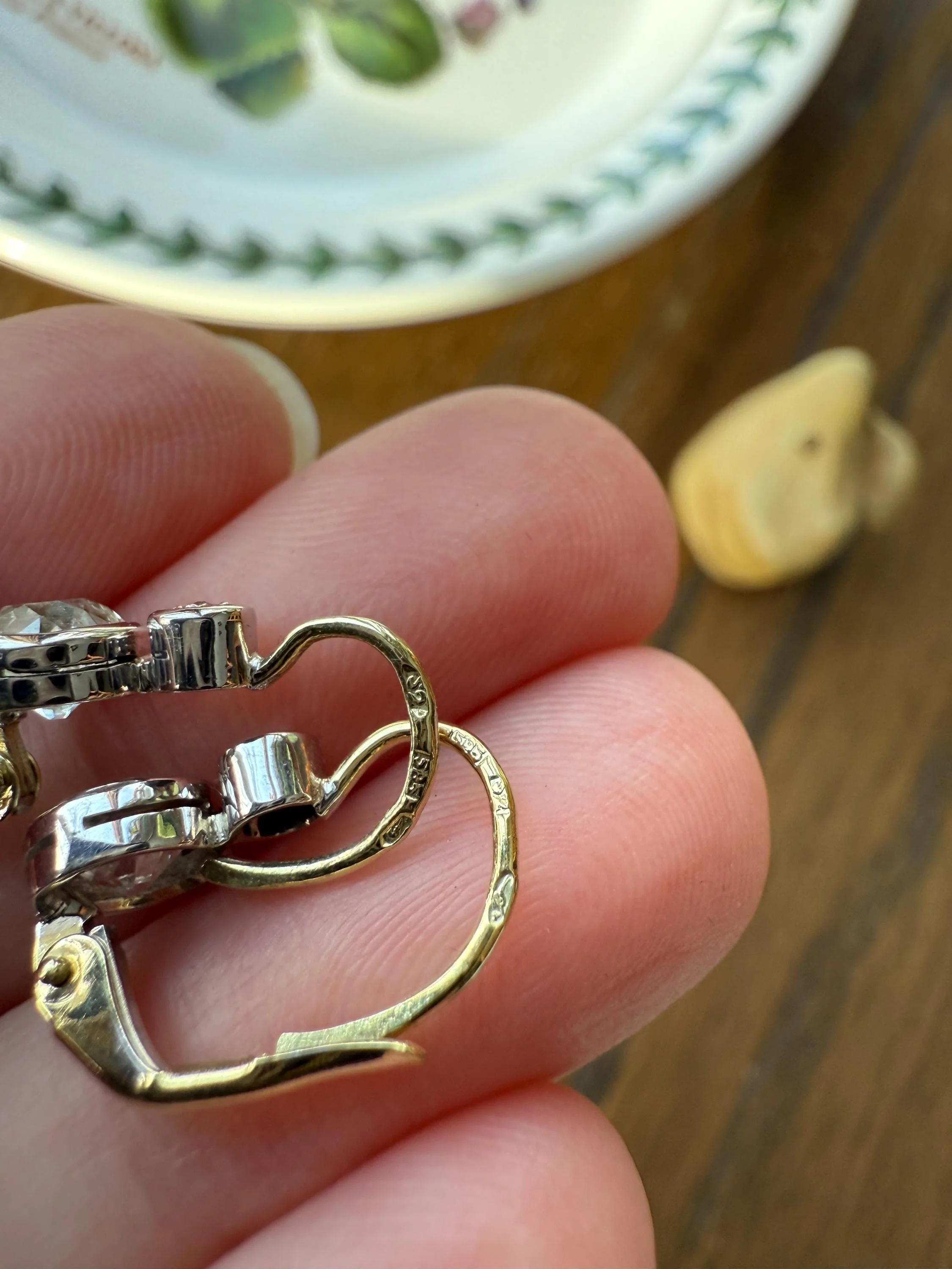 Boxed Antique 1.6 Carat Old Mine Cut DIAMOND Dormeuse Earrings Bezel Set 14k Gold Dangle Bullseye Illusion Setting - Image 20