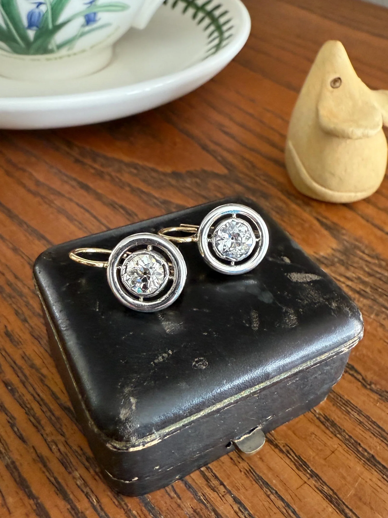 Boxed Antique Eye Clean 1.85 Carat Old Mine Cut DIAMOND Dormeuse Earrings Bezel Set in Circle Halo 17k Gold Silver Dangle Bullseye Gift 18k