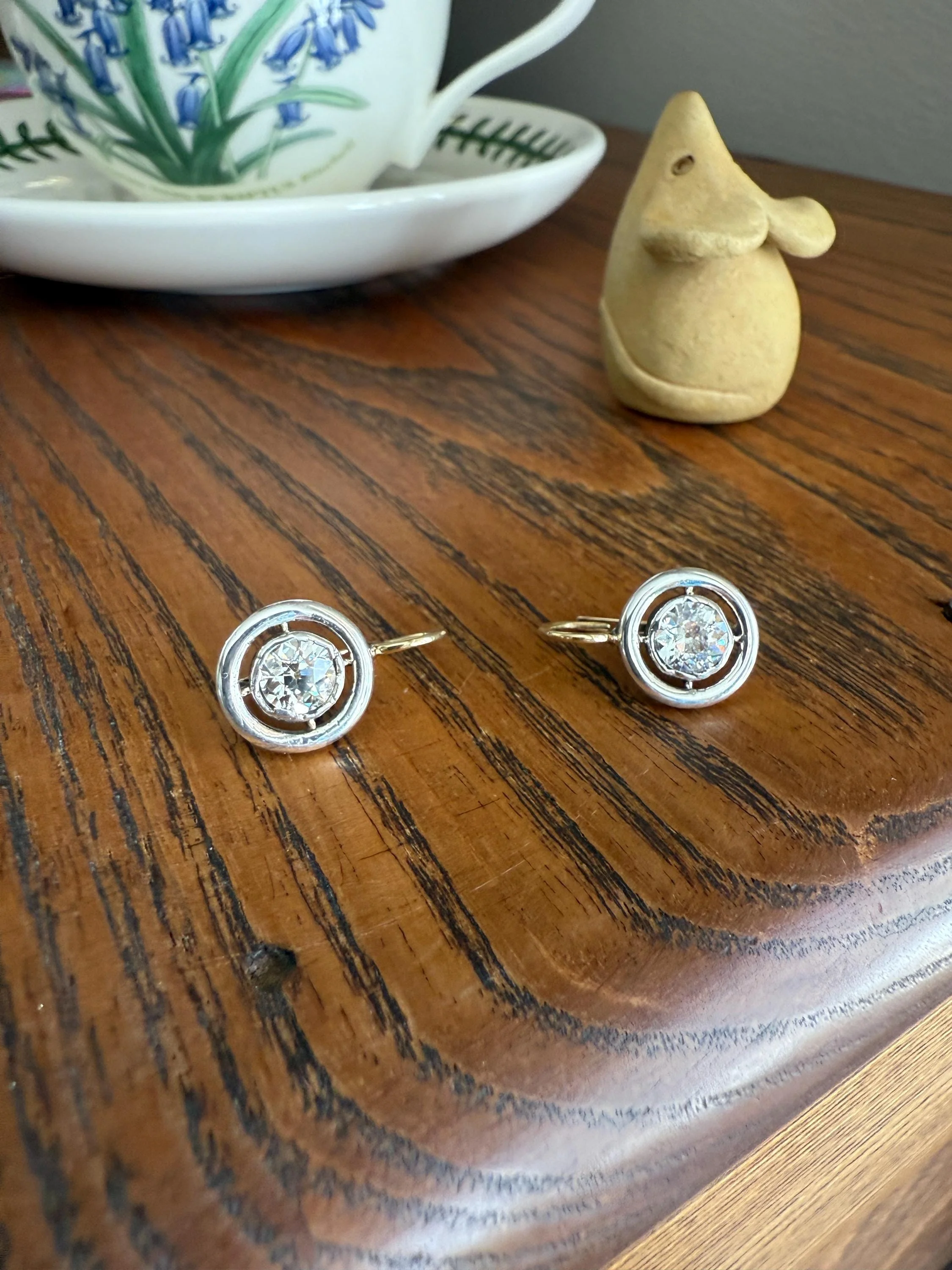 Boxed Antique Eye Clean 1.85 Carat Old Mine Cut DIAMOND Dormeuse Earrings Bezel Set in Circle Halo 17k Gold Silver Dangle Bullseye Gift 18k - Image 10