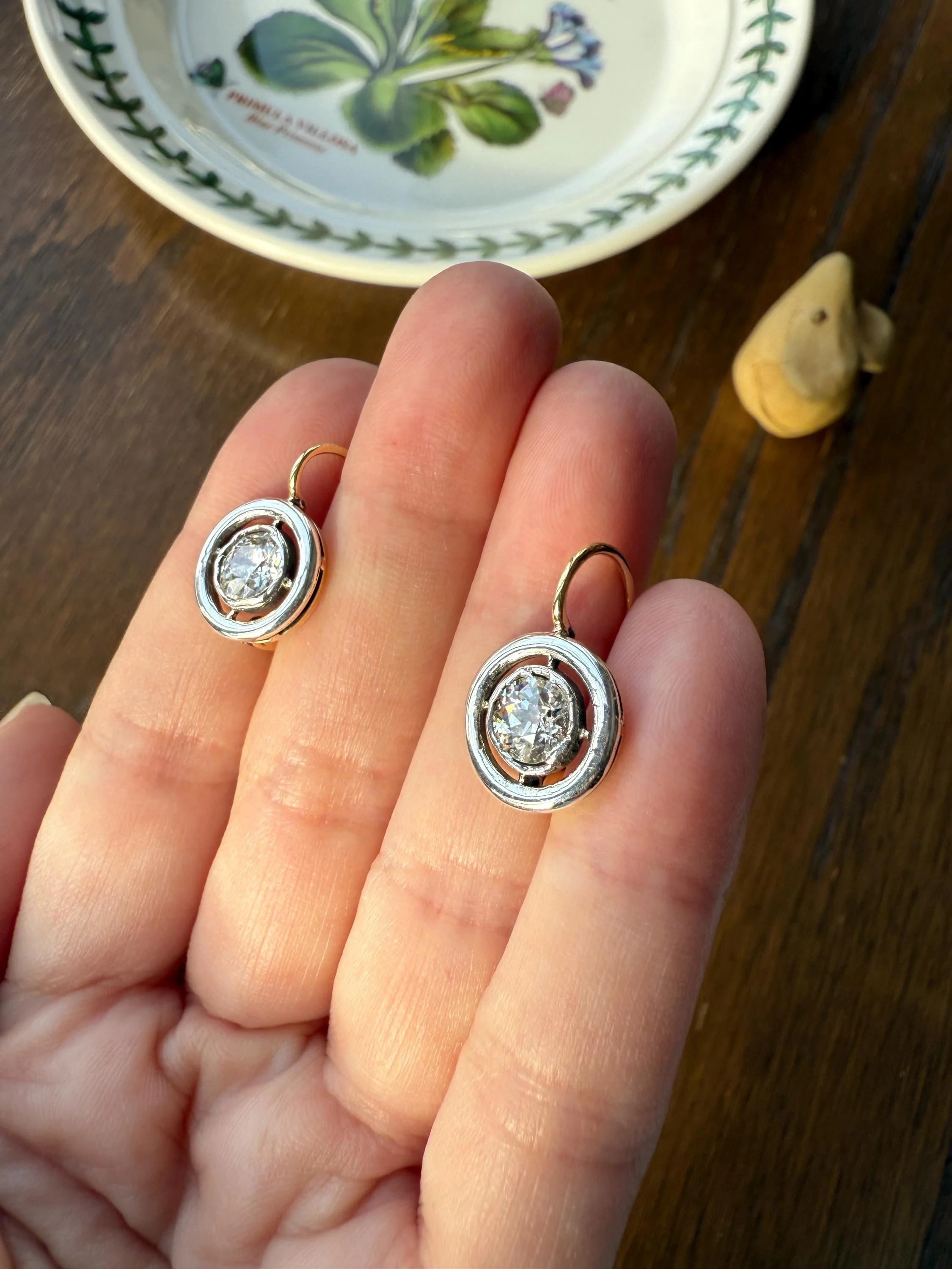 Boxed Antique Eye Clean 1.85 Carat Old Mine Cut DIAMOND Dormeuse Earrings Bezel Set in Circle Halo 17k Gold Silver Dangle Bullseye Gift 18k - Image 11