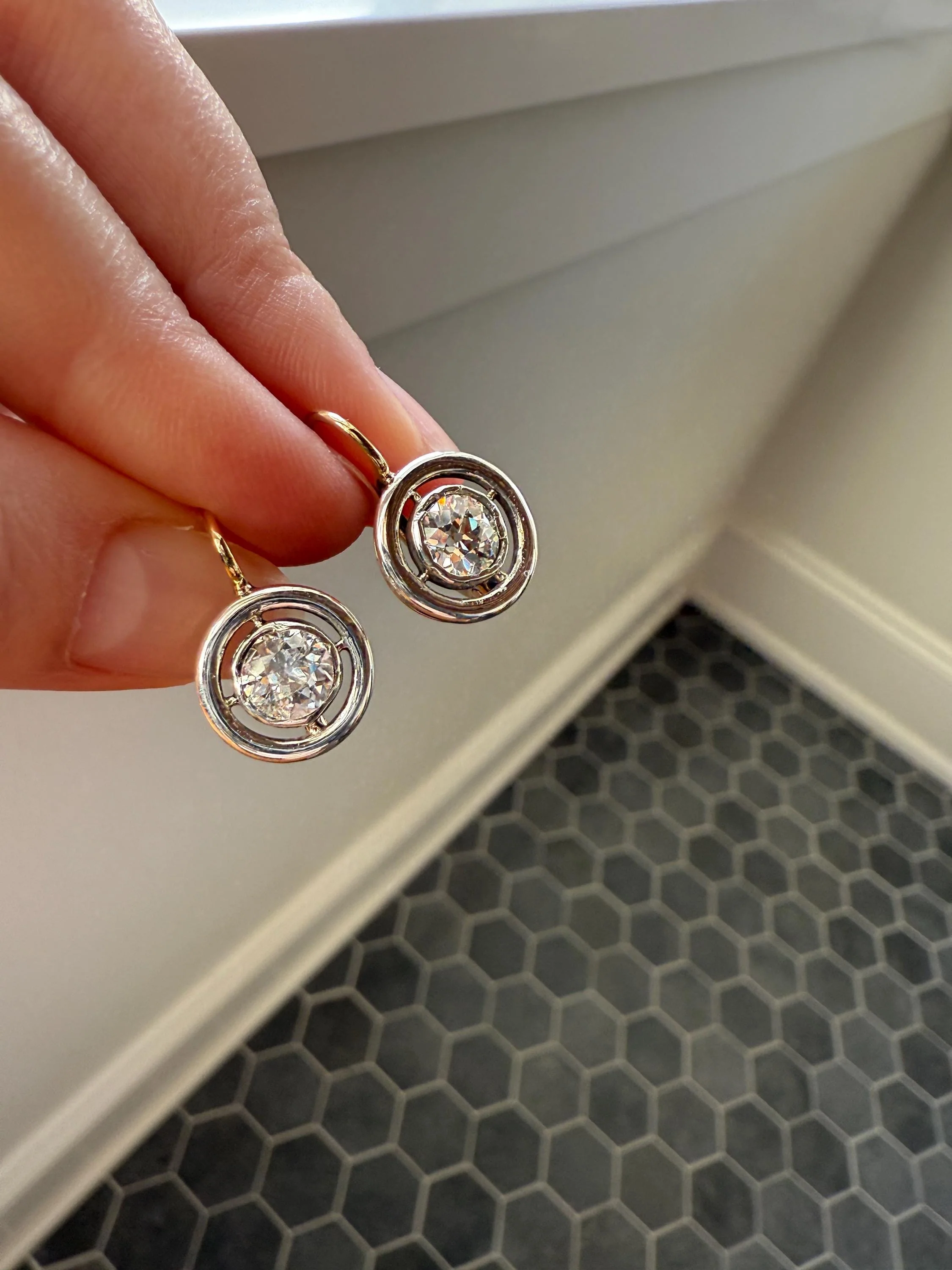 Boxed Antique Eye Clean 1.85 Carat Old Mine Cut DIAMOND Dormeuse Earrings Bezel Set in Circle Halo 17k Gold Silver Dangle Bullseye Gift 18k - Image 13