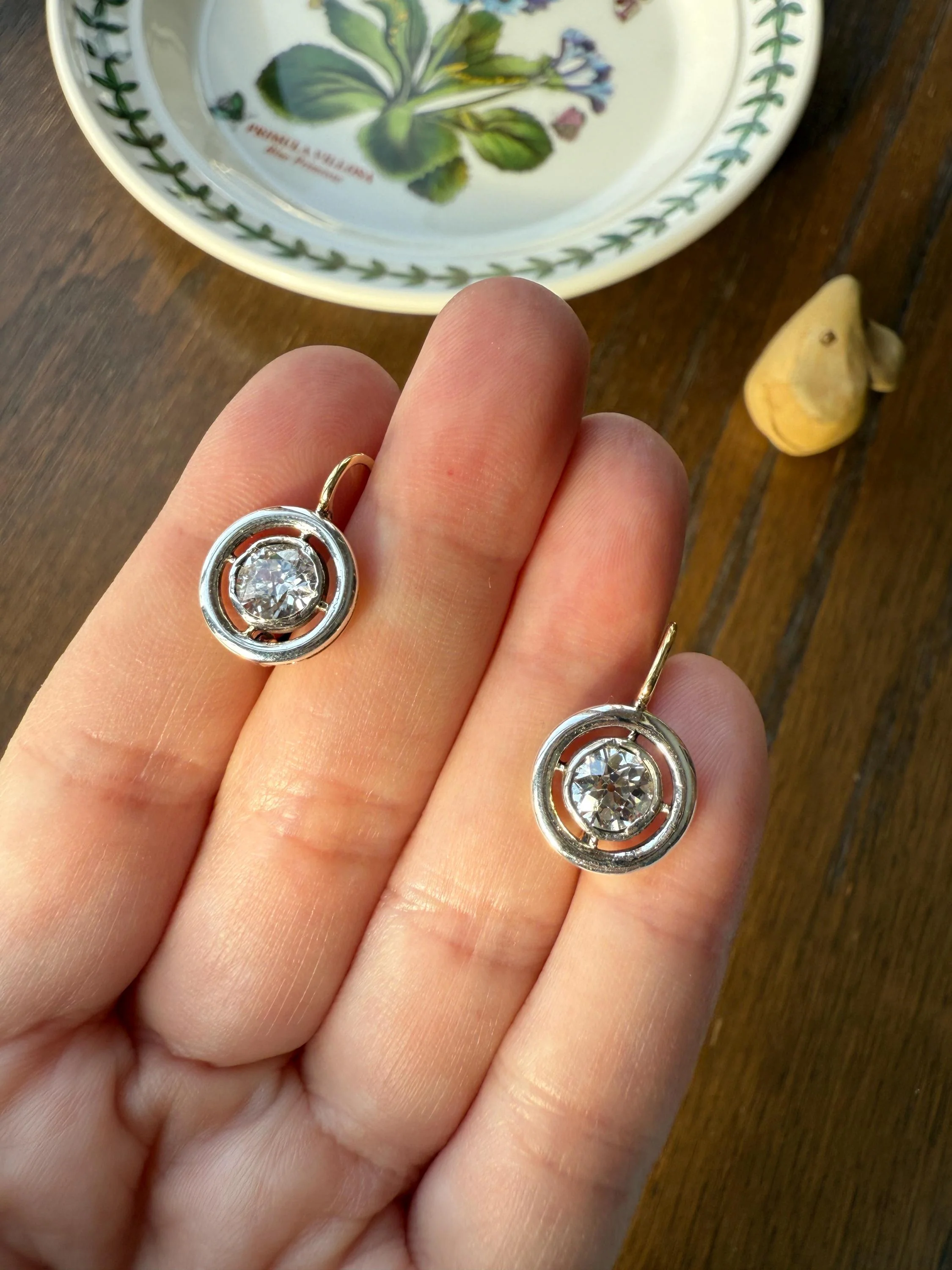 Boxed Antique Eye Clean 1.85 Carat Old Mine Cut DIAMOND Dormeuse Earrings Bezel Set in Circle Halo 17k Gold Silver Dangle Bullseye Gift 18k - Image 14