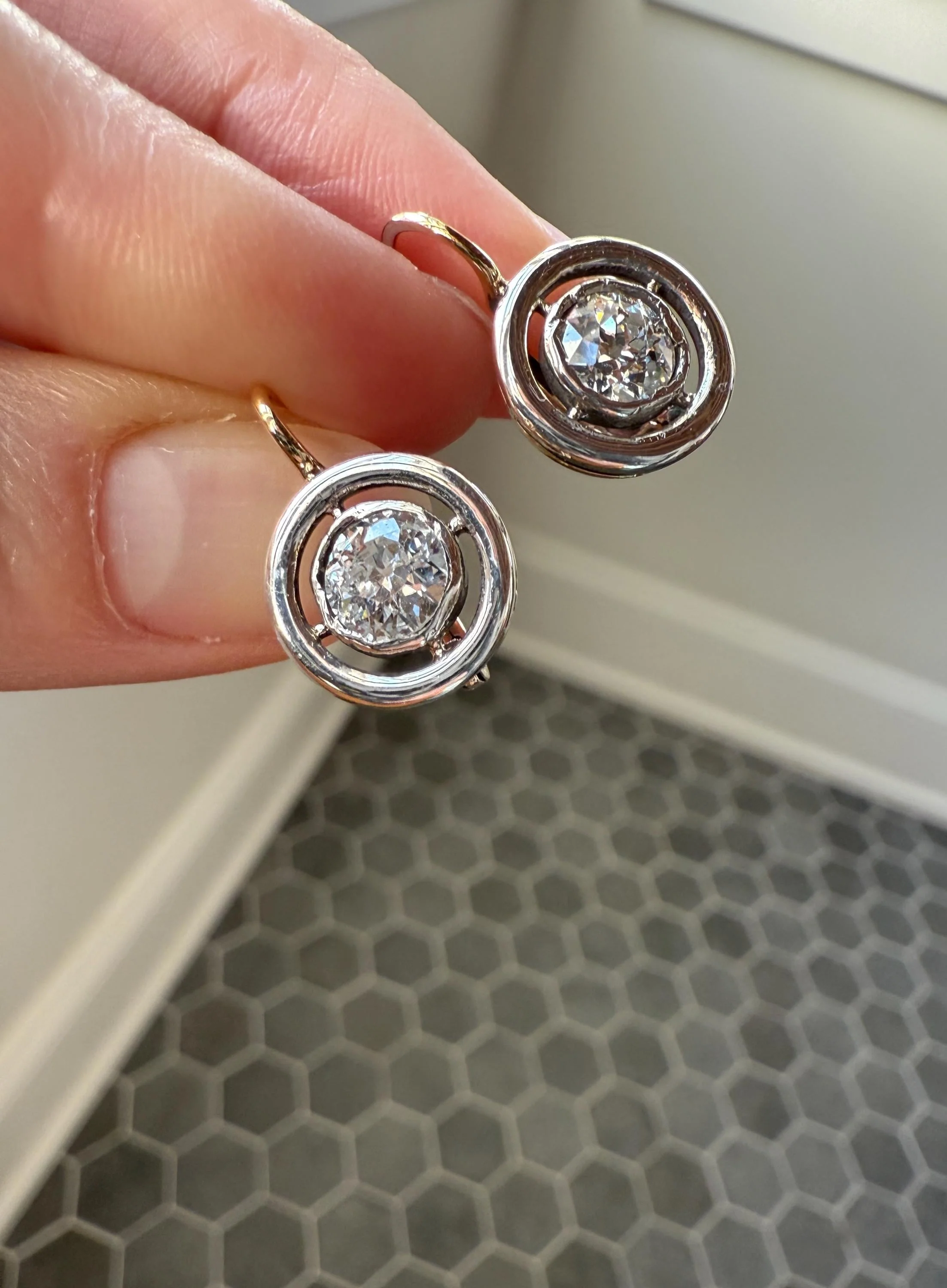 Boxed Antique Eye Clean 1.85 Carat Old Mine Cut DIAMOND Dormeuse Earrings Bezel Set in Circle Halo 17k Gold Silver Dangle Bullseye Gift 18k - Image 16