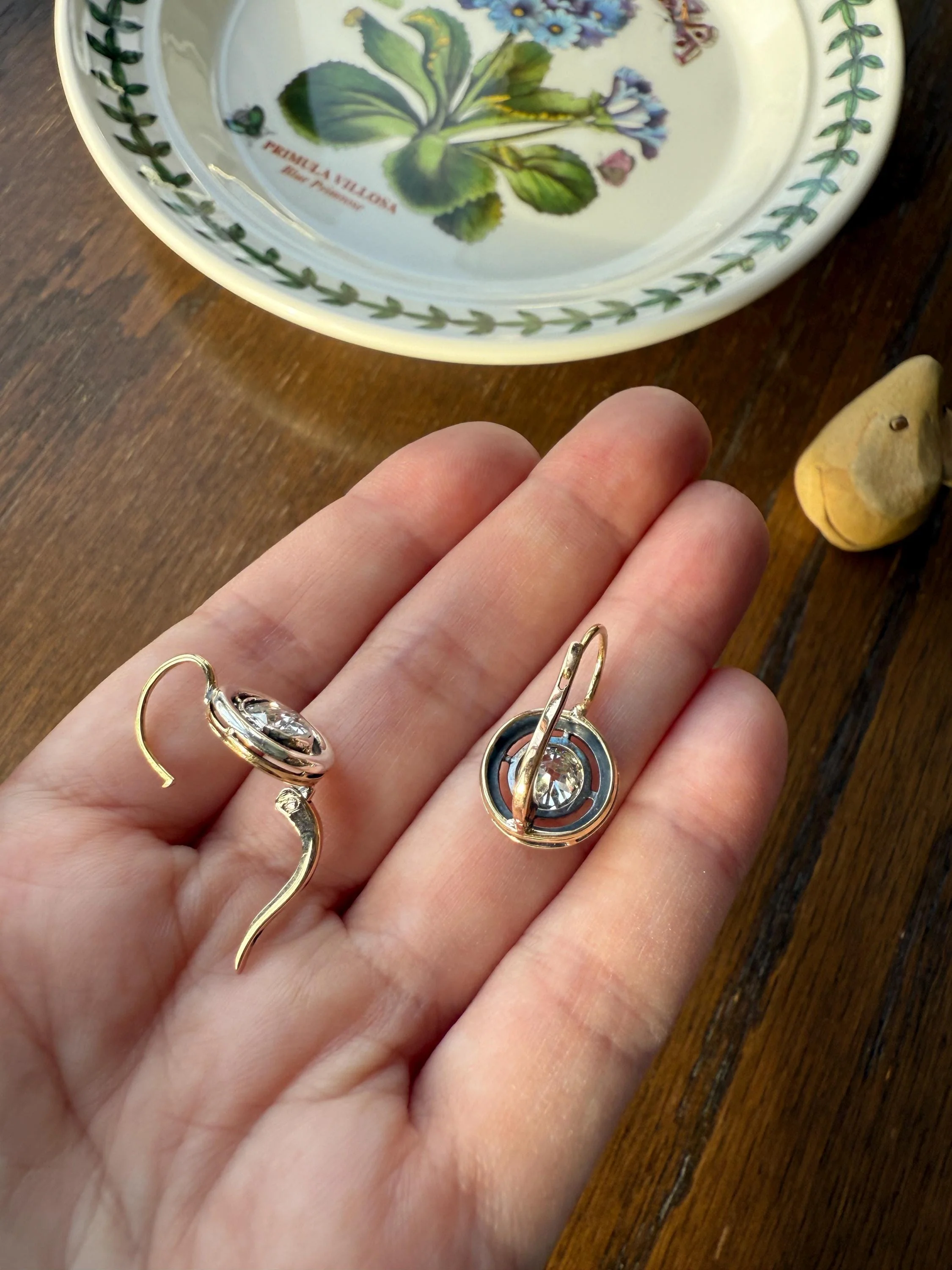 Boxed Antique Eye Clean 1.85 Carat Old Mine Cut DIAMOND Dormeuse Earrings Bezel Set in Circle Halo 17k Gold Silver Dangle Bullseye Gift 18k - Image 17