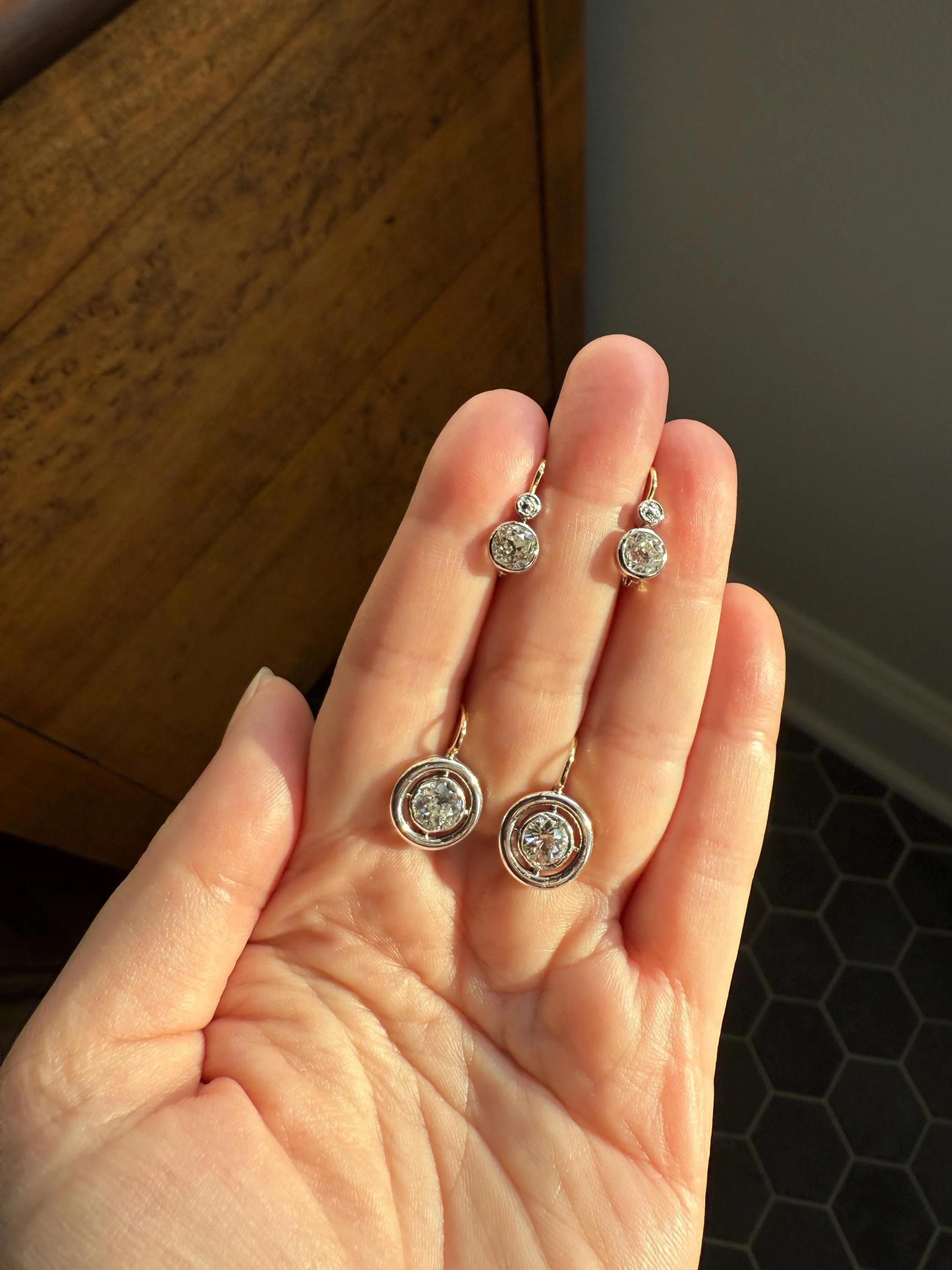 Boxed Antique Eye Clean 1.85 Carat Old Mine Cut DIAMOND Dormeuse Earrings Bezel Set in Circle Halo 17k Gold Silver Dangle Bullseye Gift 18k - Image 19