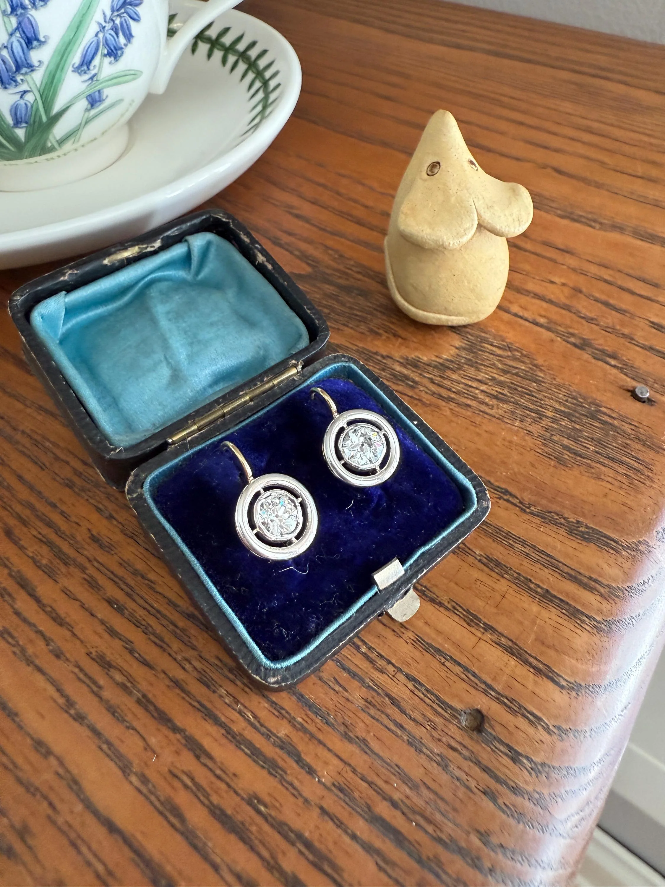 Boxed Antique Eye Clean 1.85 Carat Old Mine Cut DIAMOND Dormeuse Earrings Bezel Set in Circle Halo 17k Gold Silver Dangle Bullseye Gift 18k - Image 2