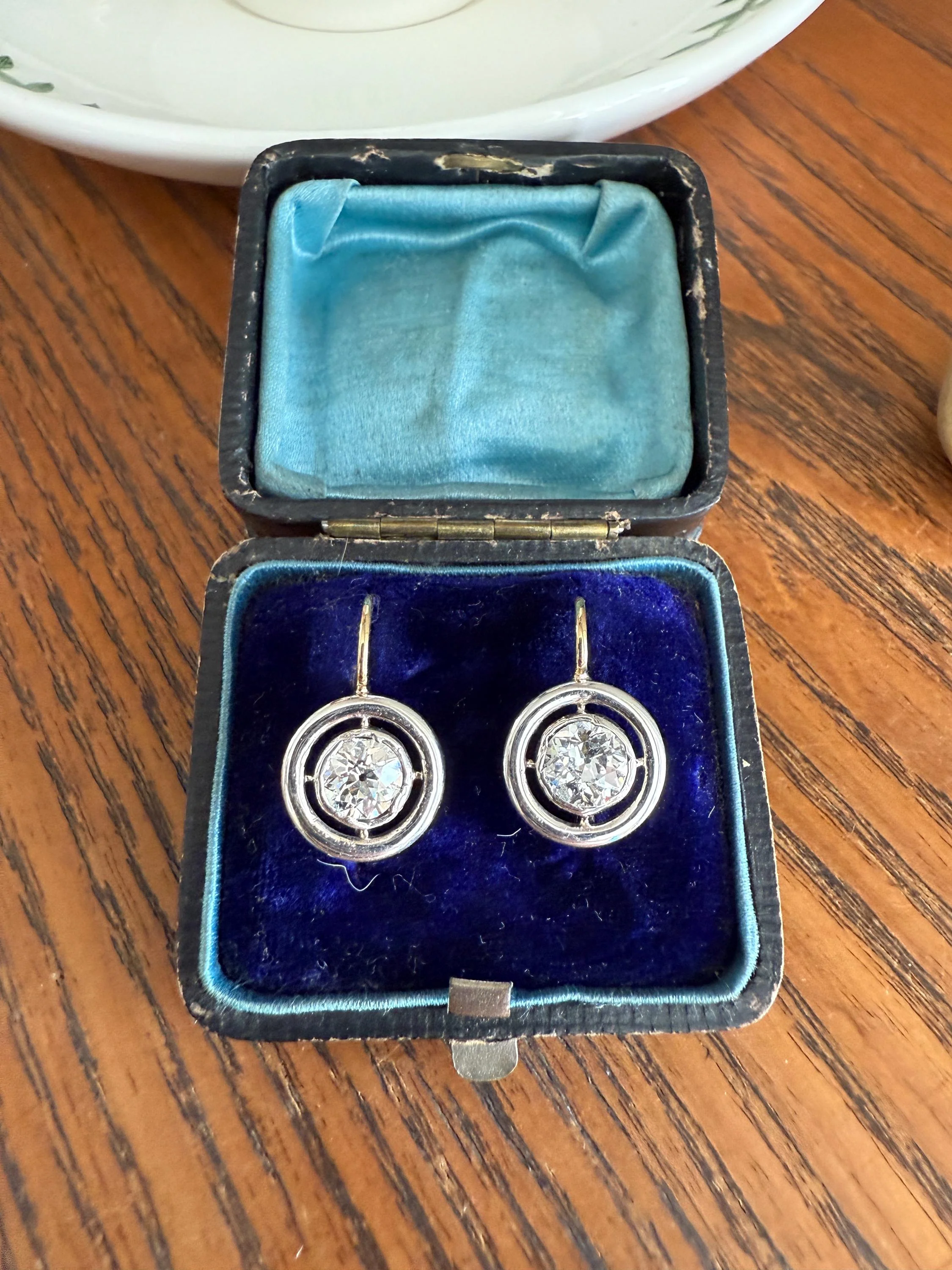 Boxed Antique Eye Clean 1.85 Carat Old Mine Cut DIAMOND Dormeuse Earrings Bezel Set in Circle Halo 17k Gold Silver Dangle Bullseye Gift 18k - Image 20