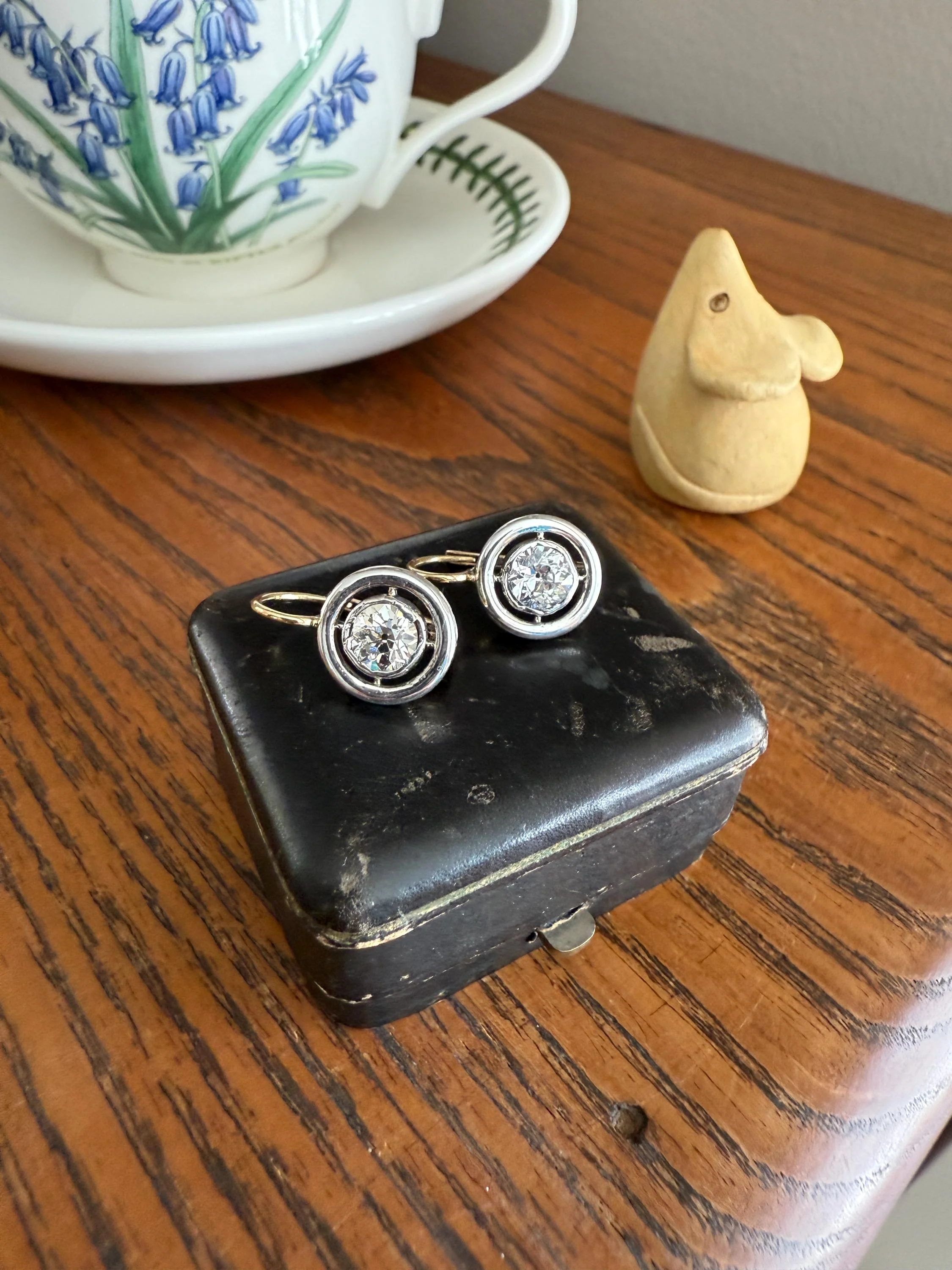 Boxed Antique Eye Clean 1.85 Carat Old Mine Cut DIAMOND Dormeuse Earrings Bezel Set in Circle Halo 17k Gold Silver Dangle Bullseye Gift 18k - Image 21