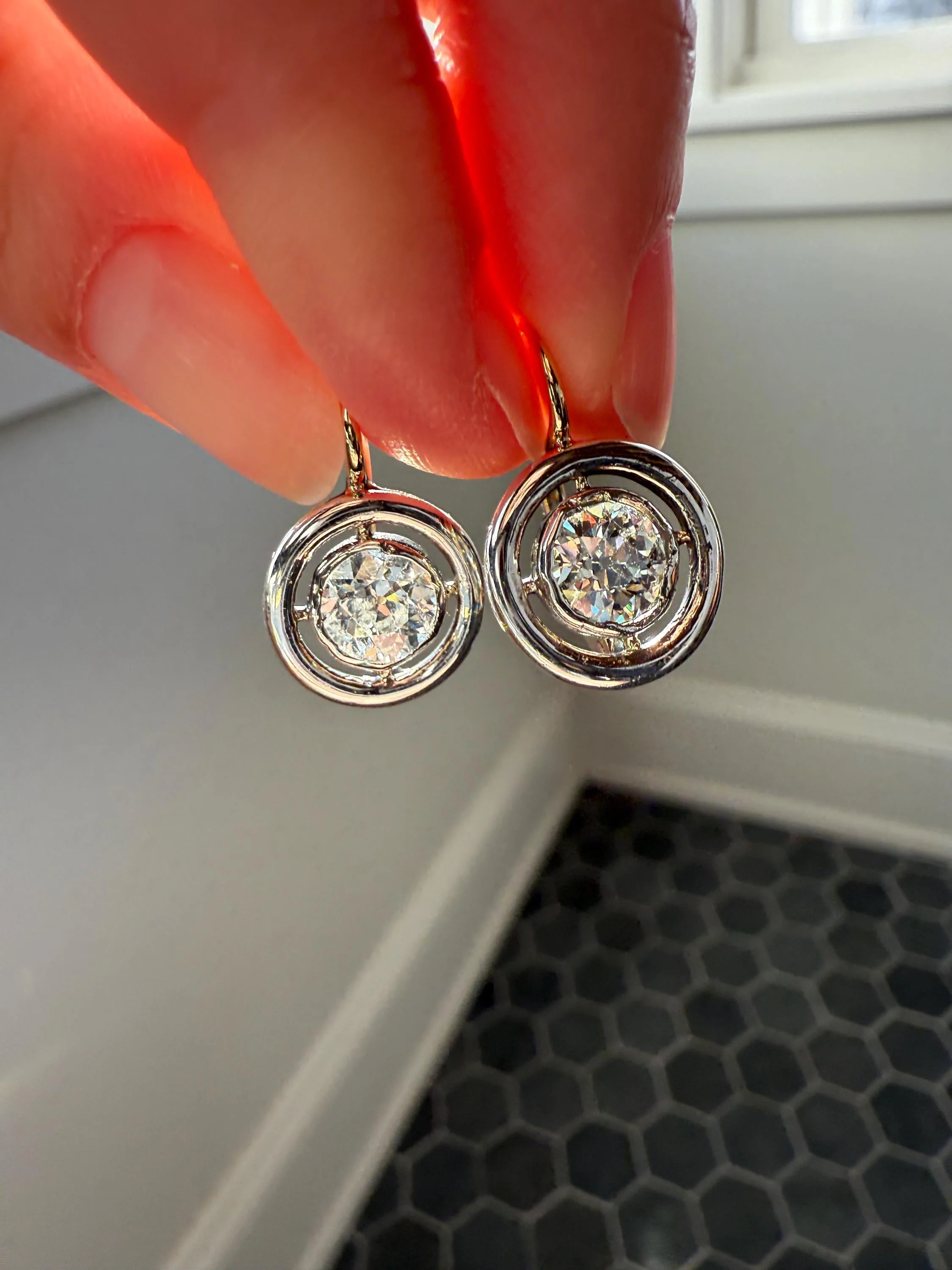 Boxed Antique Eye Clean 1.85 Carat Old Mine Cut DIAMOND Dormeuse Earrings Bezel Set in Circle Halo 17k Gold Silver Dangle Bullseye Gift 18k - Image 3
