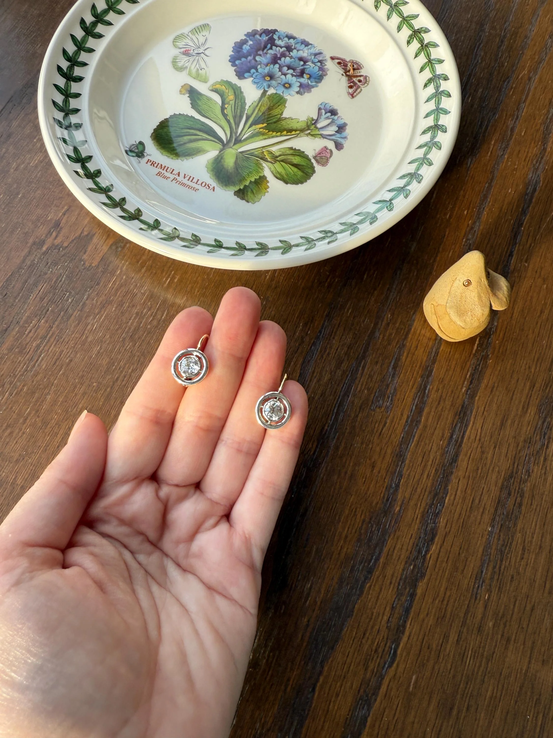 Boxed Antique Eye Clean 1.85 Carat Old Mine Cut DIAMOND Dormeuse Earrings Bezel Set in Circle Halo 17k Gold Silver Dangle Bullseye Gift 18k - Image 5