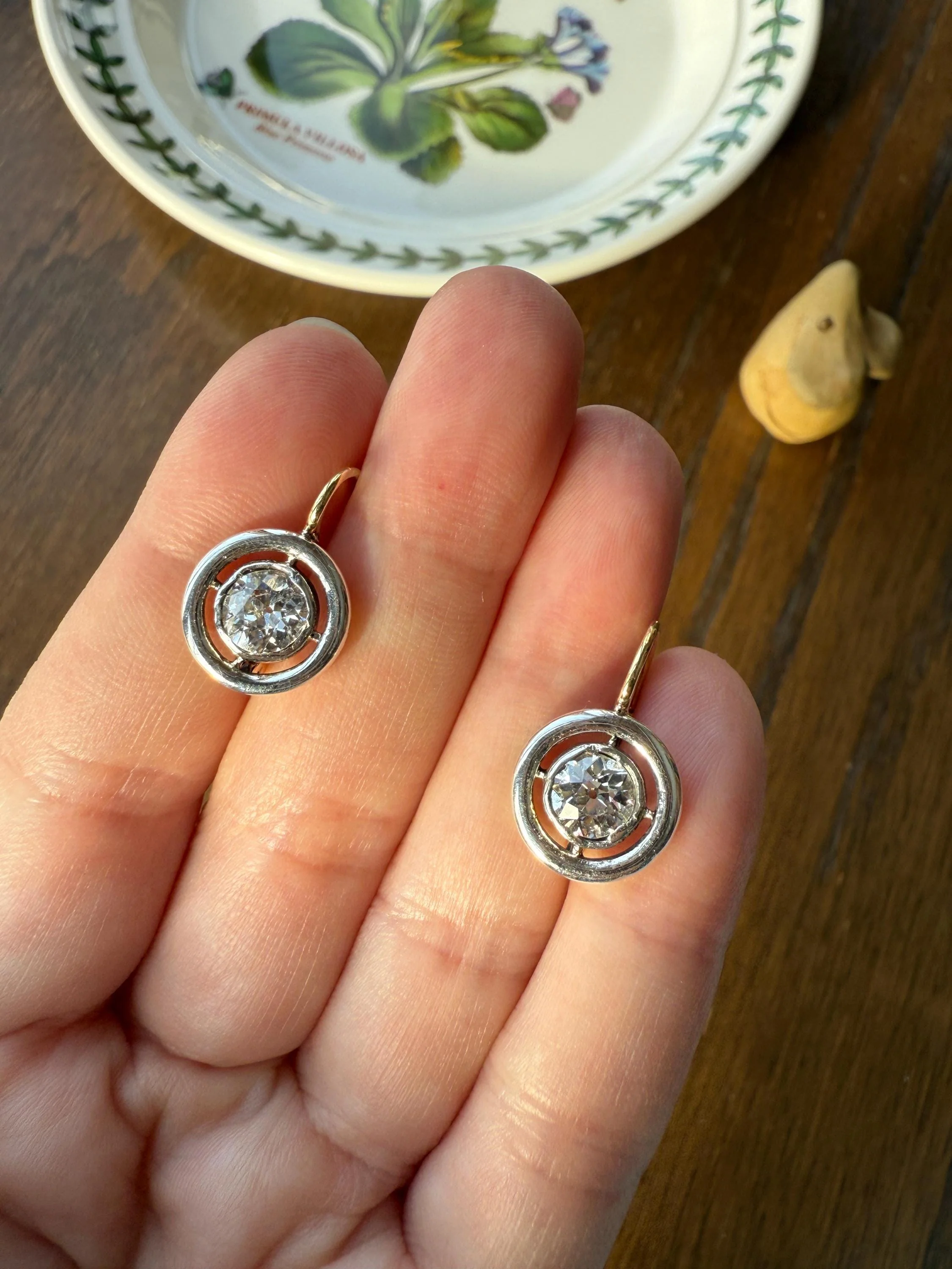 Boxed Antique Eye Clean 1.85 Carat Old Mine Cut DIAMOND Dormeuse Earrings Bezel Set in Circle Halo 17k Gold Silver Dangle Bullseye Gift 18k - Image 7