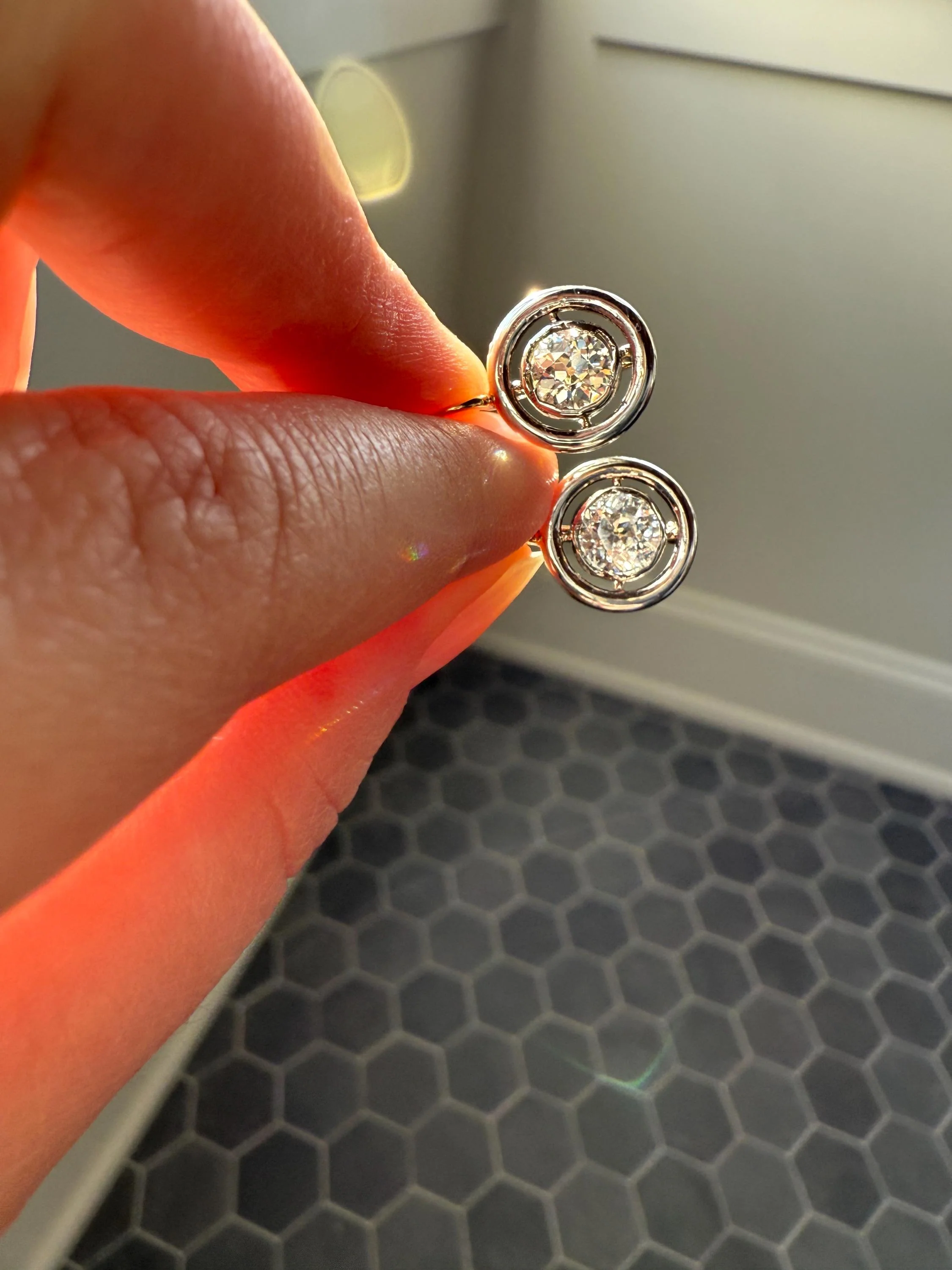 Boxed Antique Eye Clean 1.85 Carat Old Mine Cut DIAMOND Dormeuse Earrings Bezel Set in Circle Halo 17k Gold Silver Dangle Bullseye Gift 18k - Image 8