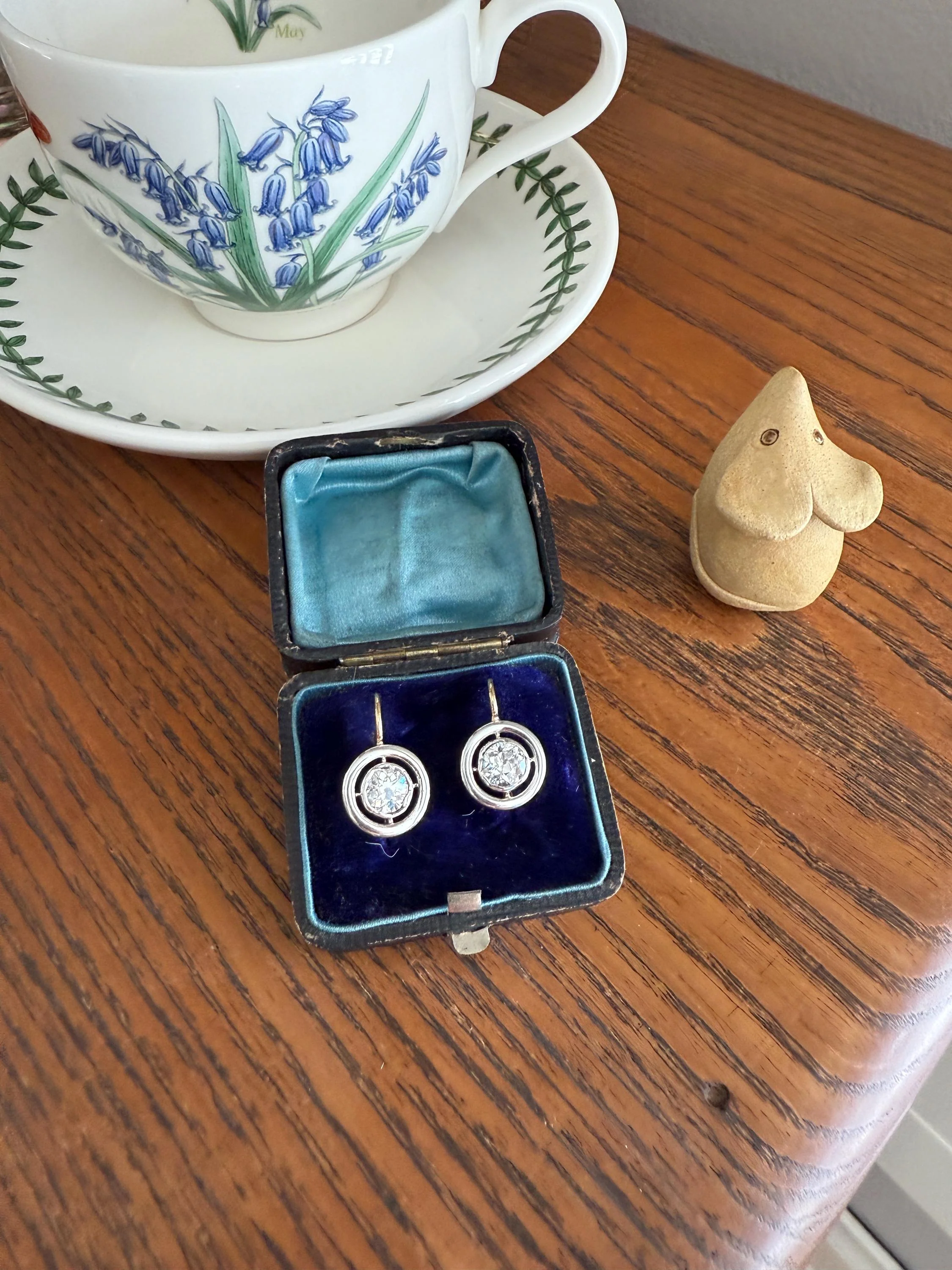 Boxed Antique Eye Clean 1.85 Carat Old Mine Cut DIAMOND Dormeuse Earrings Bezel Set in Circle Halo 17k Gold Silver Dangle Bullseye Gift 18k - Image 9