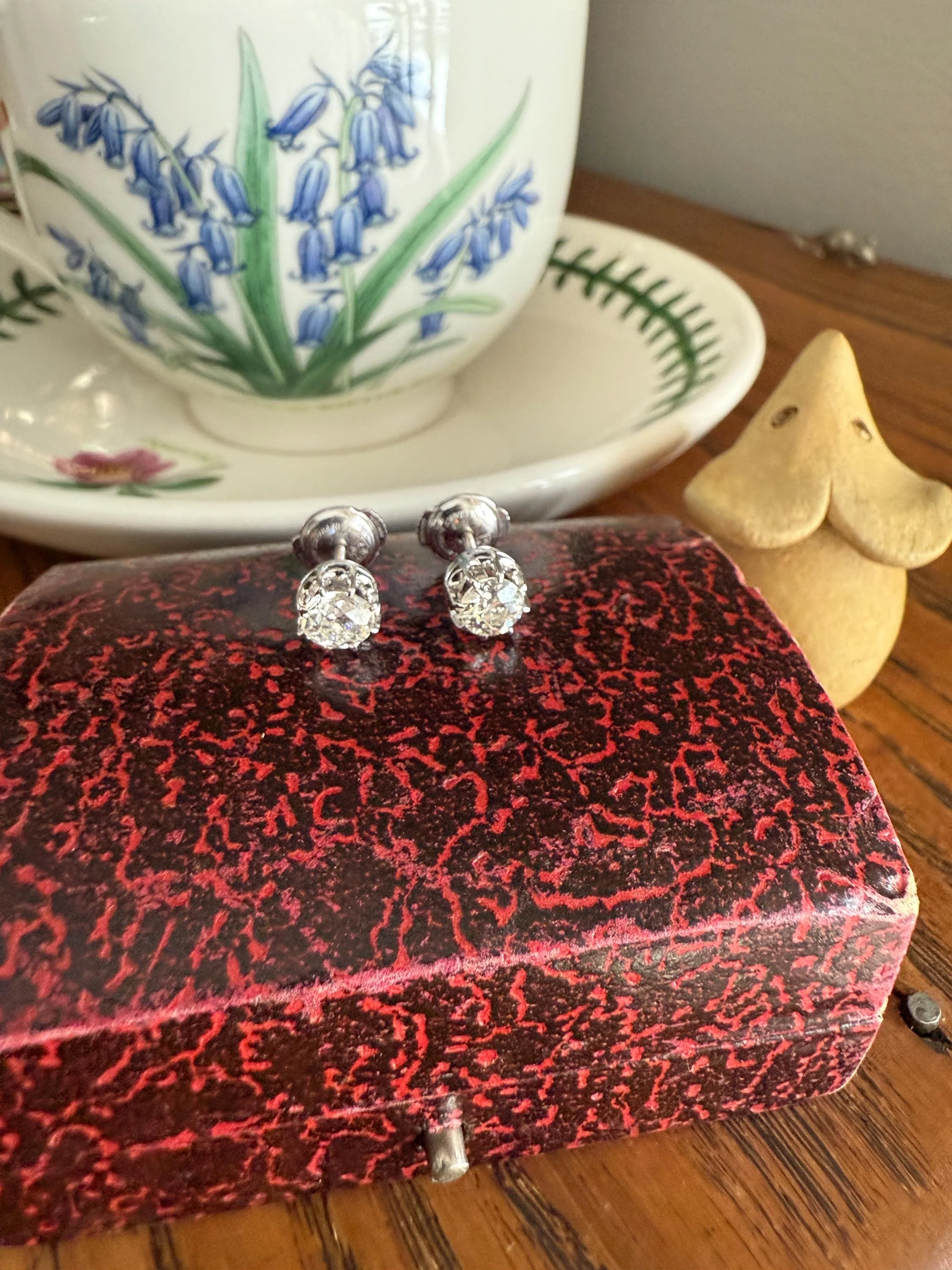 BOXED Eye Clean Antique 1.1 Carat Tdw Old Mine Cut Diamond Earrings 18k White Gold Platinum Studs French Stud in Box - Image 10