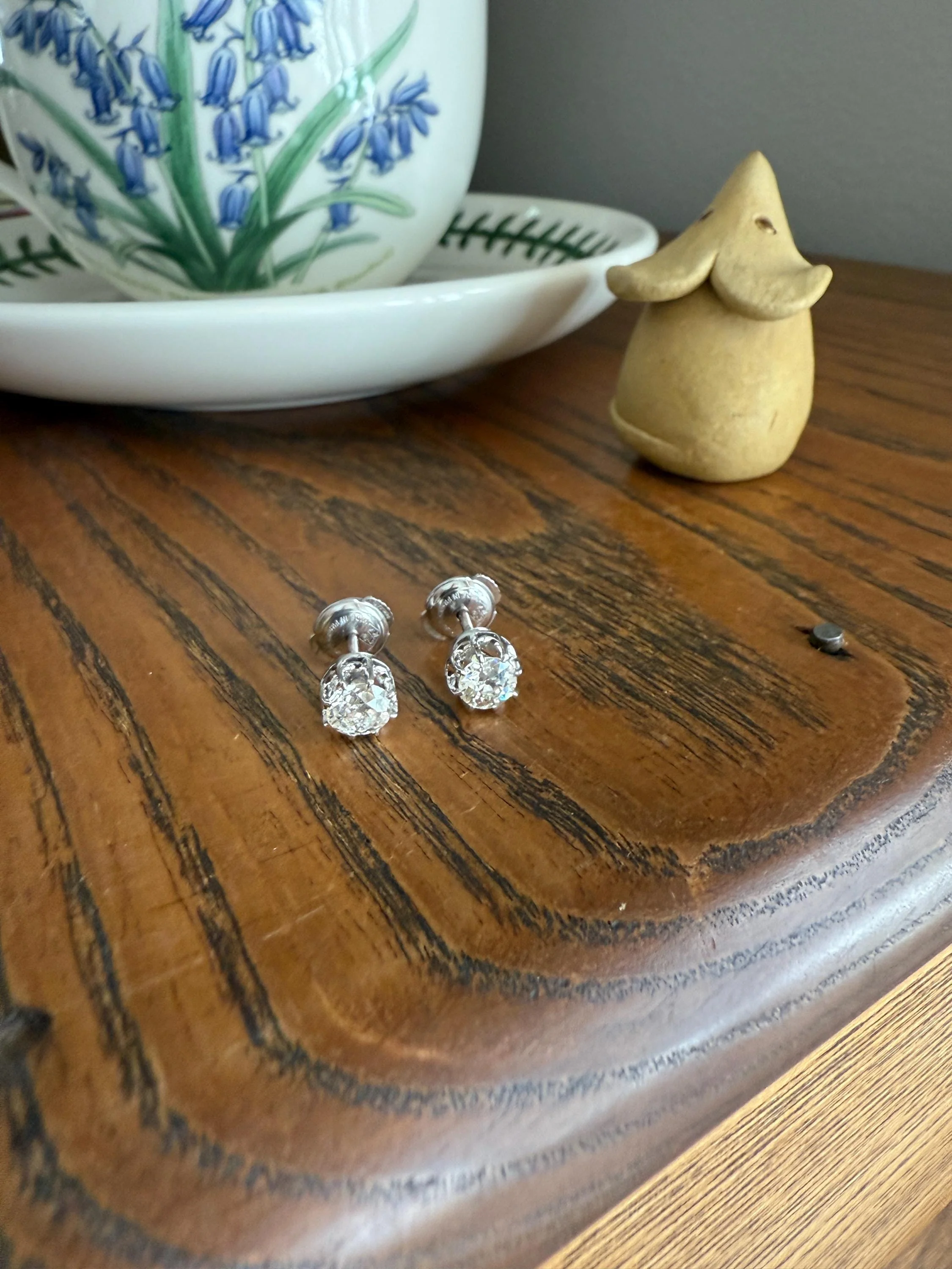 BOXED Eye Clean Antique 1.1 Carat Tdw Old Mine Cut Diamond Earrings 18k White Gold Platinum Studs French Stud in Box - Image 11