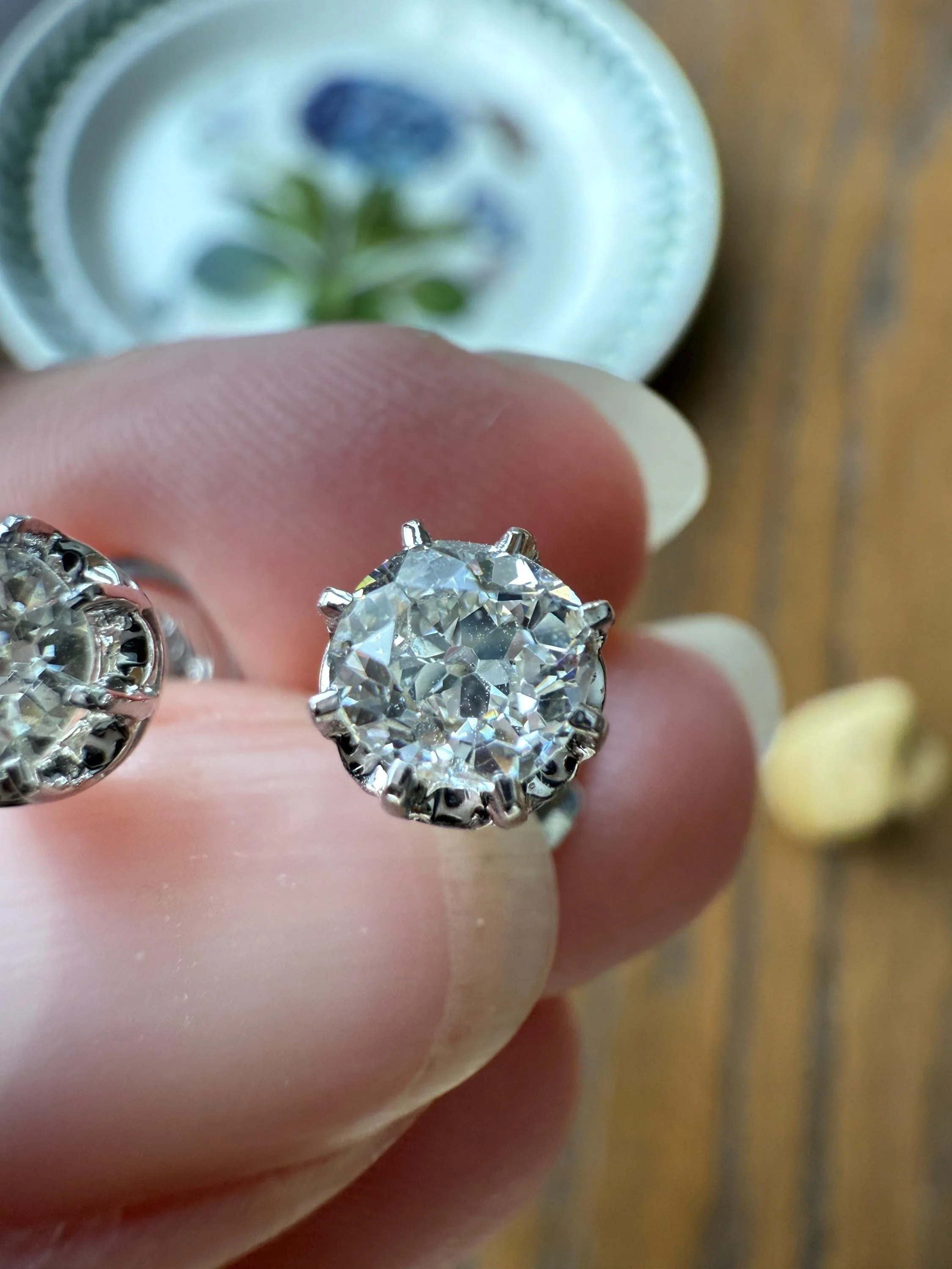 BOXED Eye Clean Antique 1.1 Carat Tdw Old Mine Cut Diamond Earrings 18k White Gold Platinum Studs French Stud in Box - Image 14