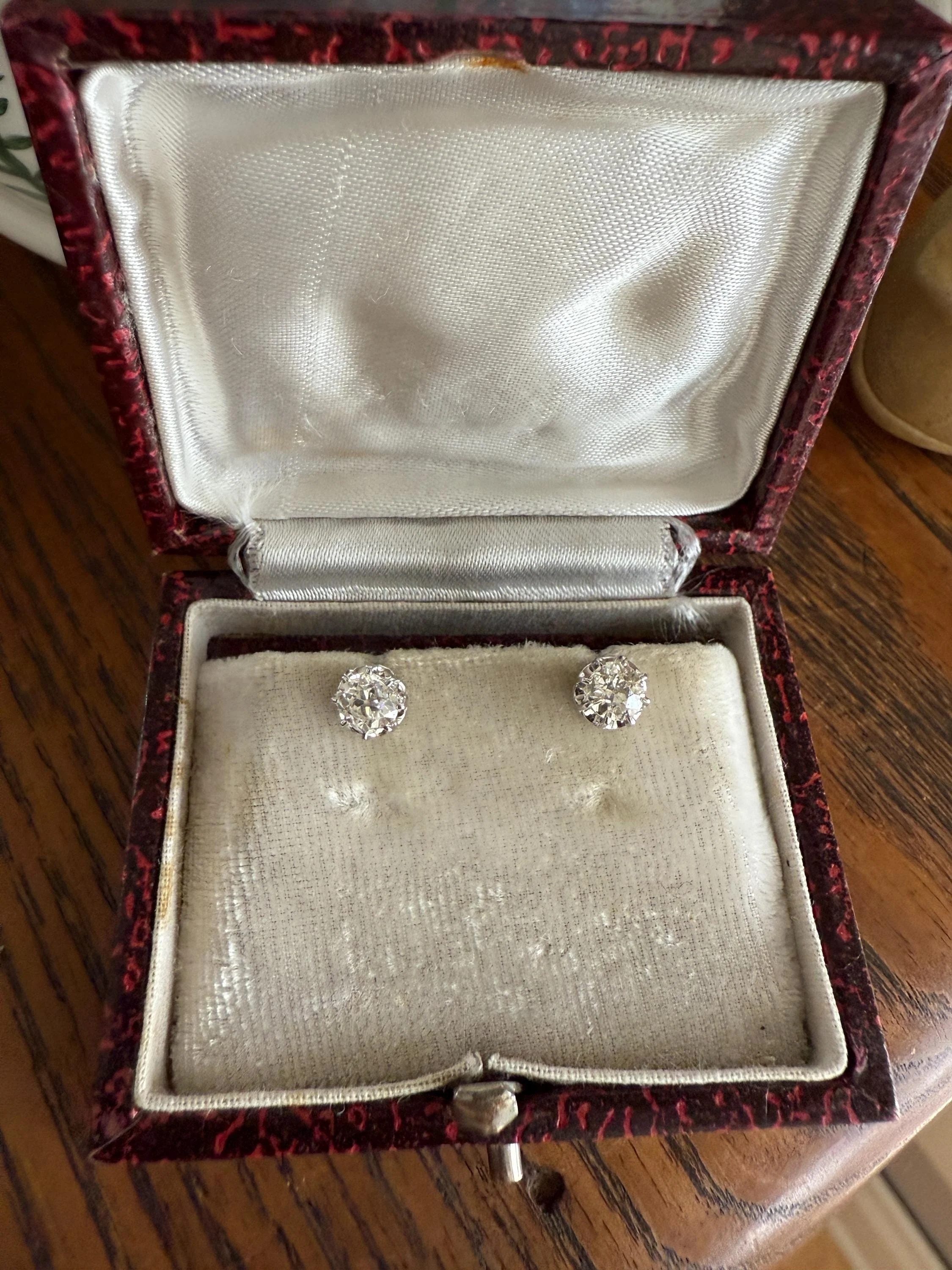 BOXED Eye Clean Antique 1.1 Carat Tdw Old Mine Cut Diamond Earrings 18k White Gold Platinum Studs French Stud in Box - Image 15