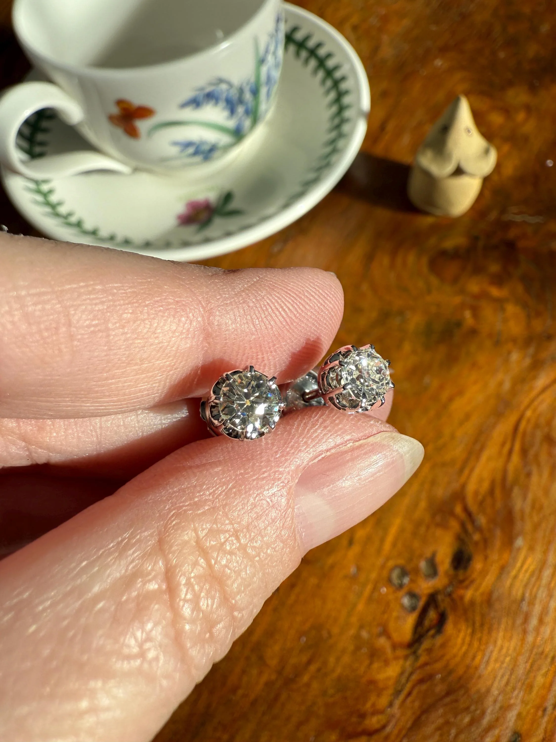 BOXED Eye Clean Antique 1.1 Carat Tdw Old Mine Cut Diamond Earrings 18k White Gold Platinum Studs French Stud in Box - Image 16